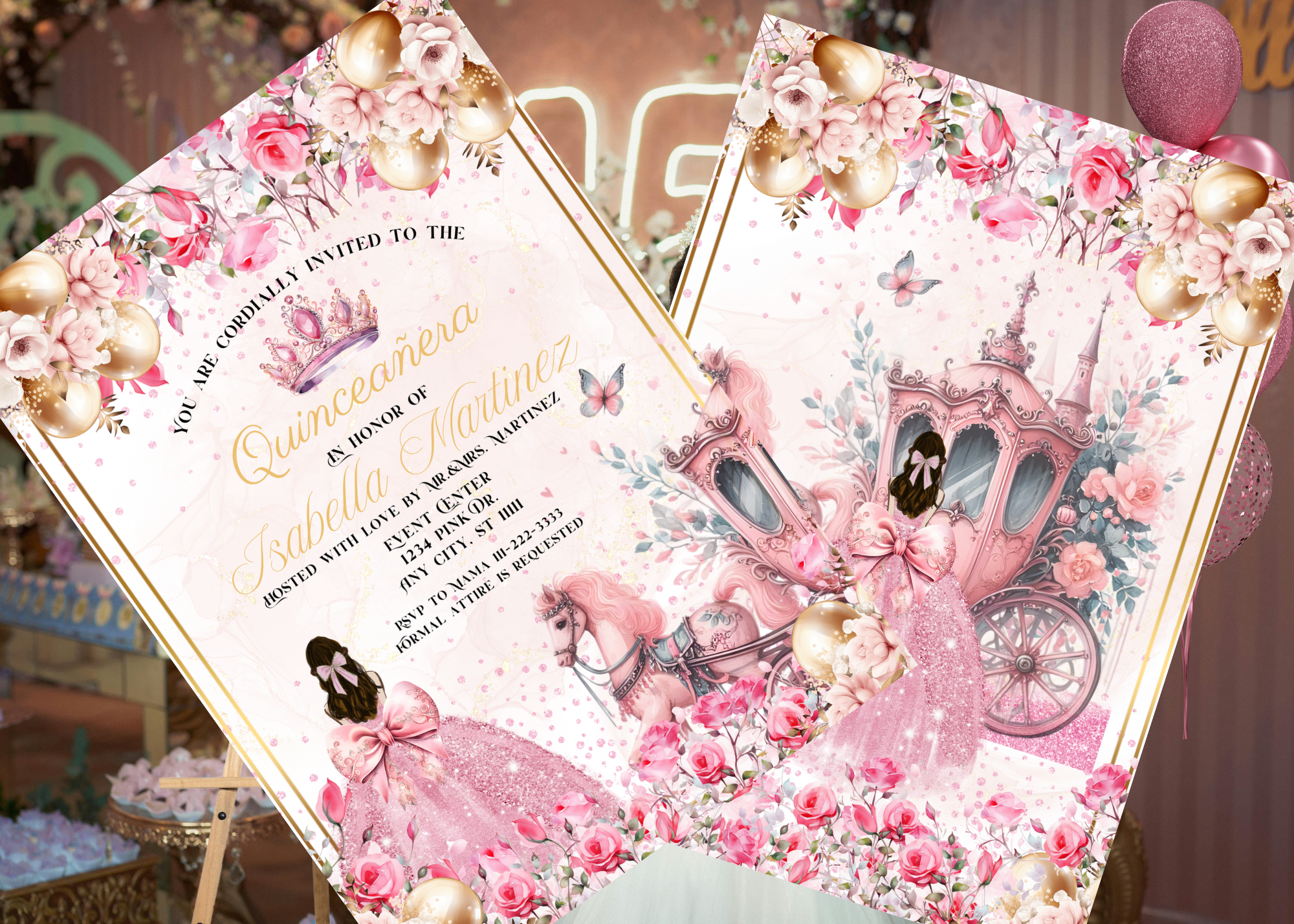 Quinceañera Digital Invitation | Pink Princess Theme with Horse & Carriage | Editable Canva Template | Floral Design