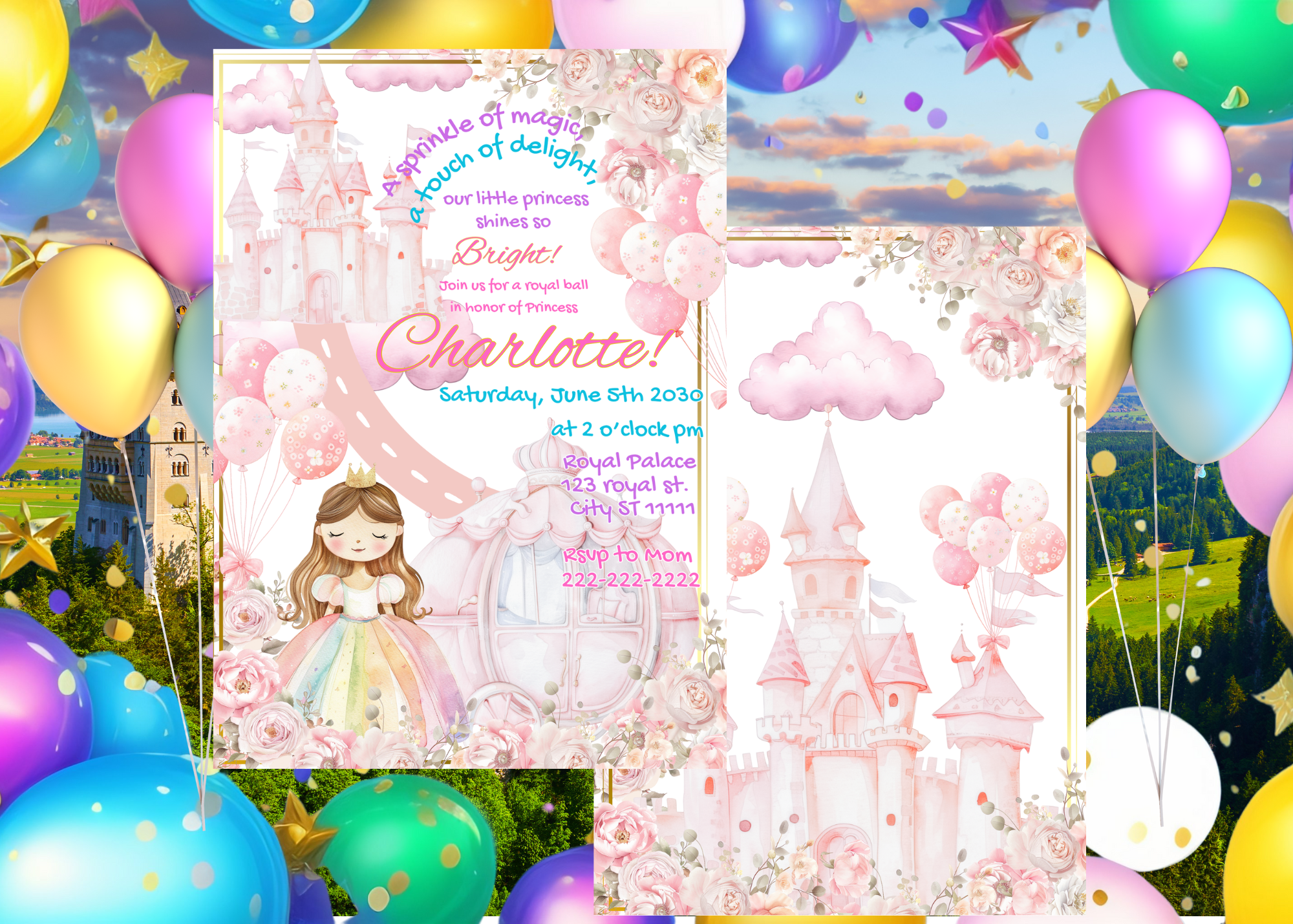 Pink Fairytale Princess Castle Birthday Invitation | 5x7 Digital Download | Front & Back Design | Editable Canva Template