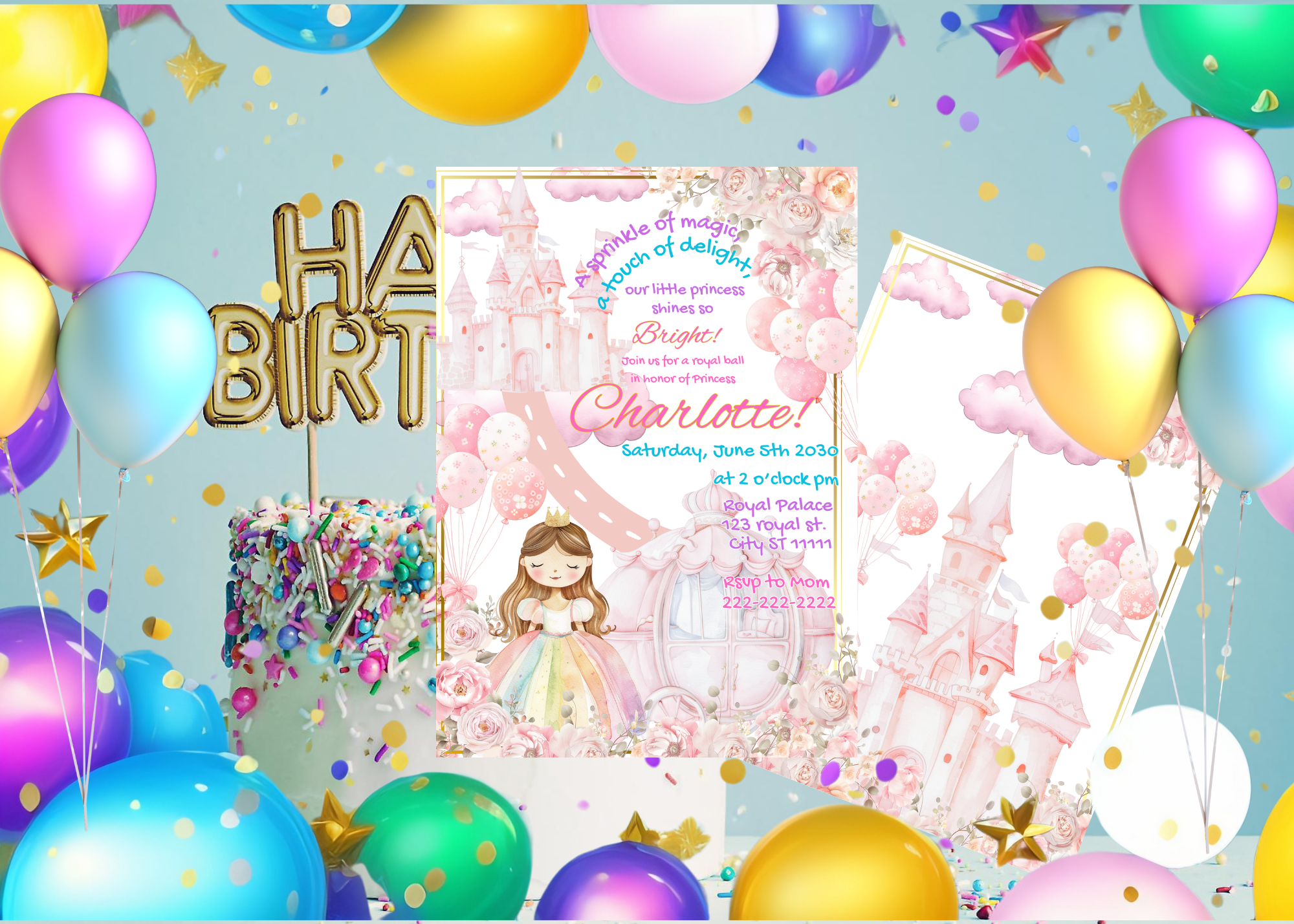 Pink Fairytale Princess Castle Birthday Invitation | 5x7 Digital Download | Front & Back Design | Editable Canva Template