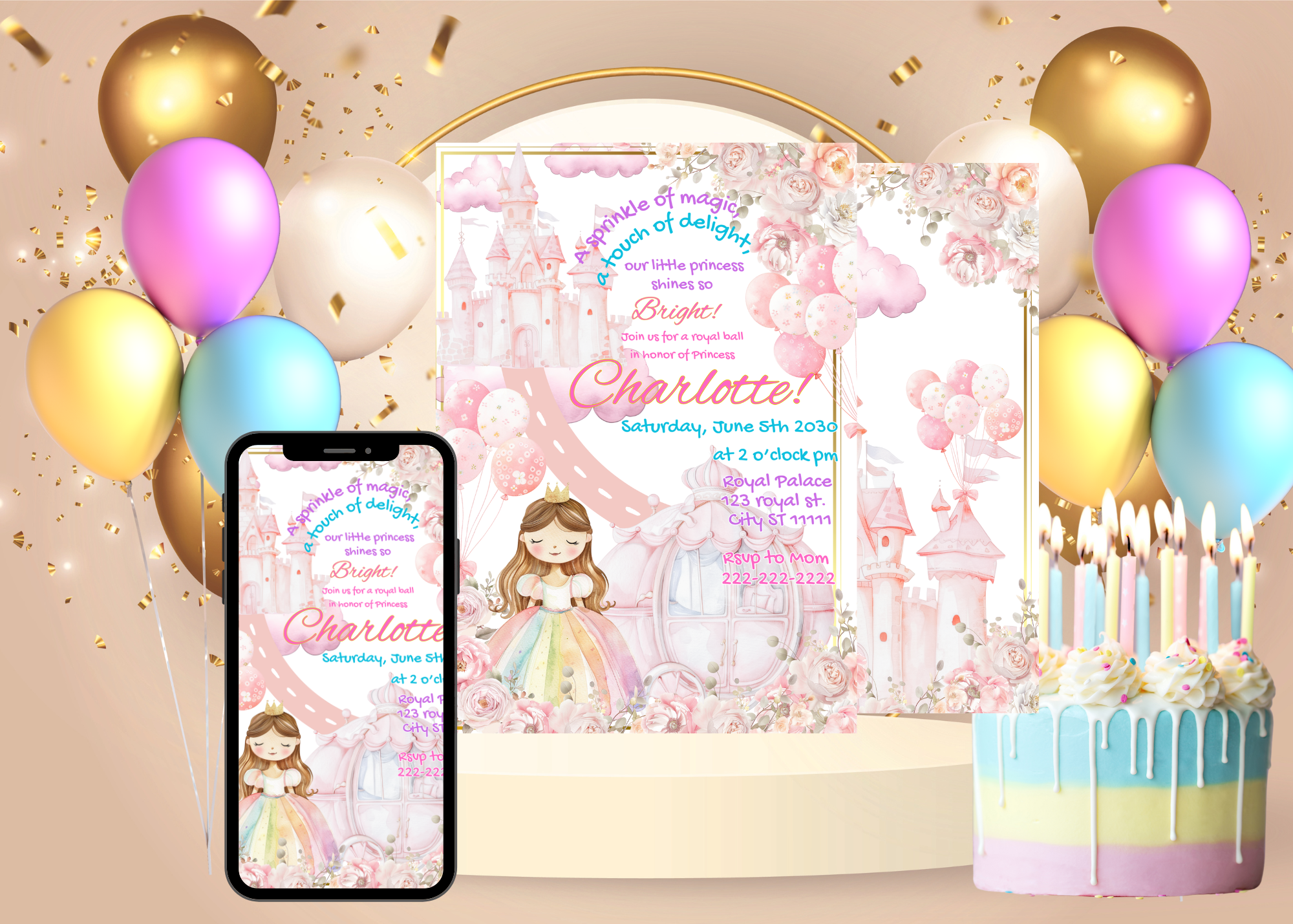 Pink Fairytale Princess Castle Birthday Invitation | 5x7 Digital Download | Front & Back Design | Editable Canva Template
