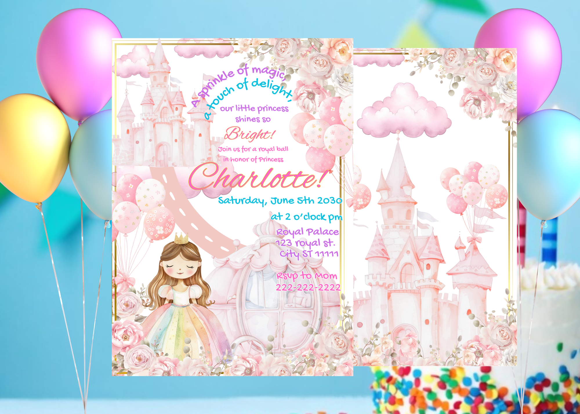 Pink Fairytale Princess Castle Birthday Invitation | 5x7 Digital Download | Front & Back Design | Editable Canva Template