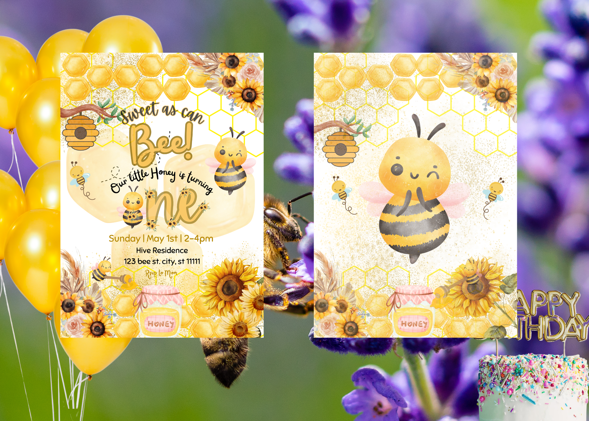 Sweet As Can Bee 1st Bee Day Invitation, Honey Bee First Birthday Invite, Bumblebee Birthday Party, Sunflower Bee Theme, Digital 2-Page Invitation, Canva Template