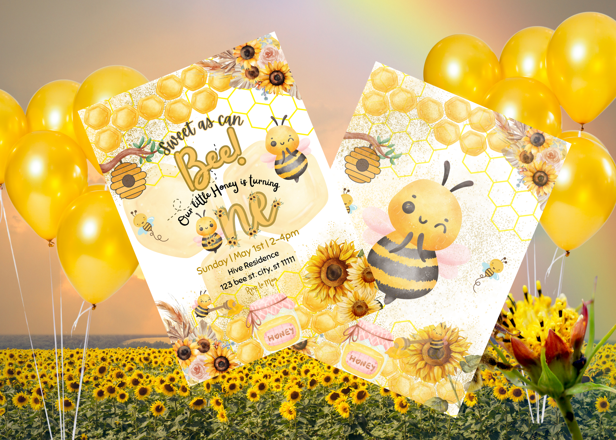 Sweet As Can Bee 1st Bee Day Invitation, Honey Bee First Birthday Invite, Bumblebee Birthday Party, Sunflower Bee Theme, Digital 2-Page Invitation, Canva Template