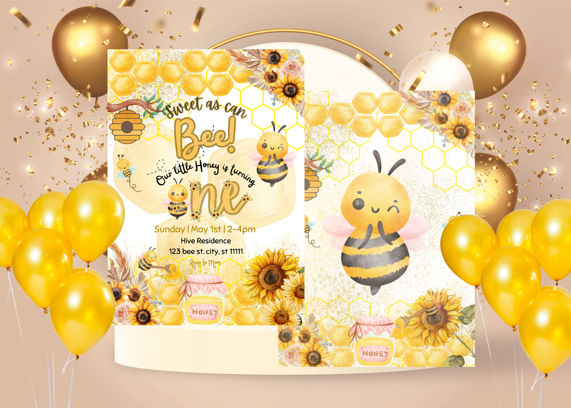 Sweet As Can Bee 1st Bee Day Invitation, Honey Bee First Birthday Invite, Bumblebee Birthday Party, Sunflower Bee Theme, Digital 2-Page Invitation, Canva Template