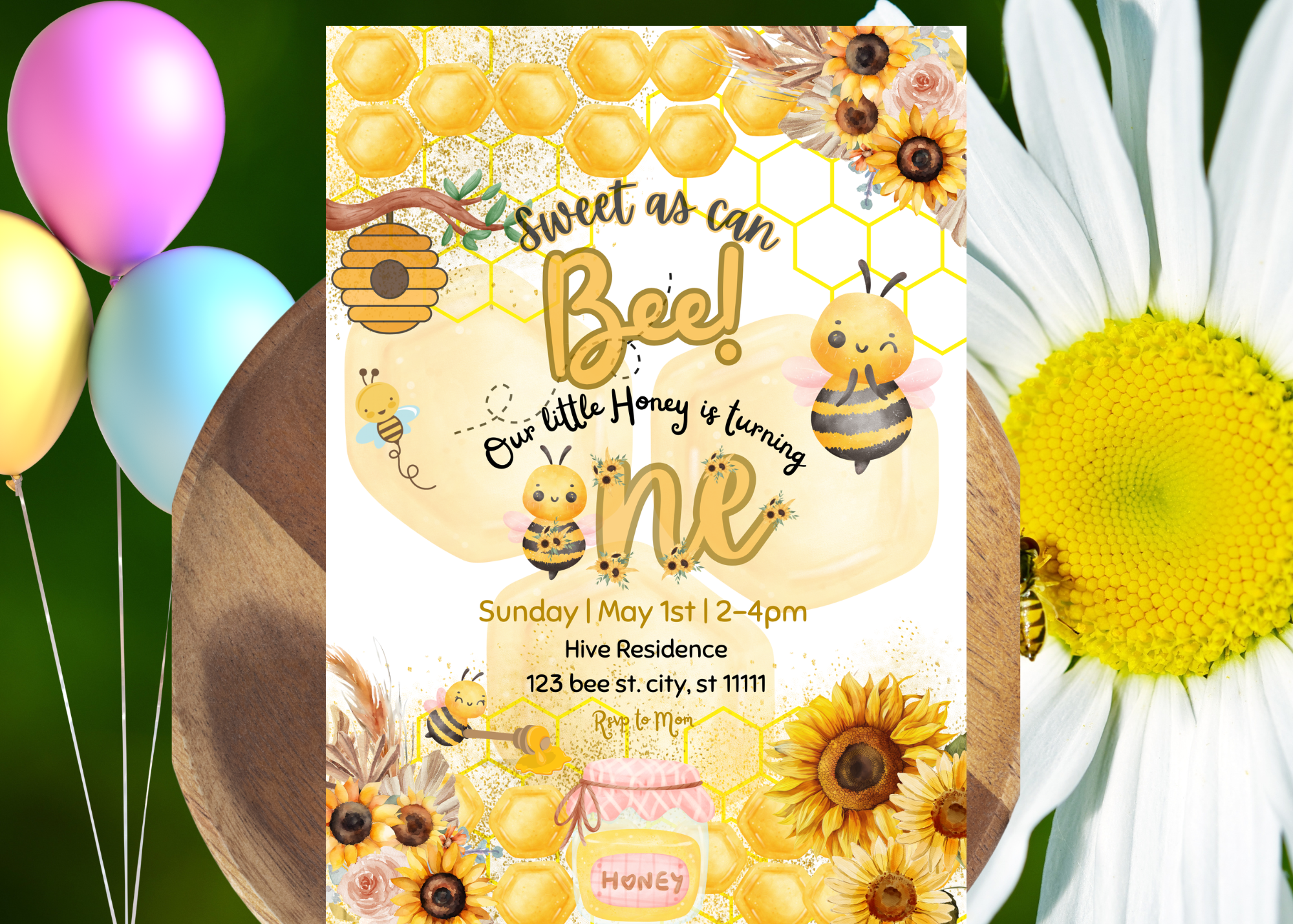 Sweet As Can Bee 1st Bee Day Invitation, Honey Bee First Birthday Invite, Bumblebee Birthday Party, Sunflower Bee Theme, Digital 2-Page Invitation, Canva Template