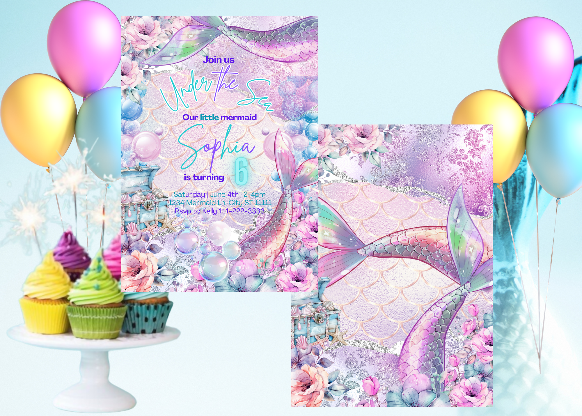 Under the Sea Mermaid Birthday Invitation, Mermaid Party Digital Invite, Mermaid Tail Invitation, Editable Canva Template, Instant Download, Ocean Theme Birthday, Printable Mermaid Party Invitation