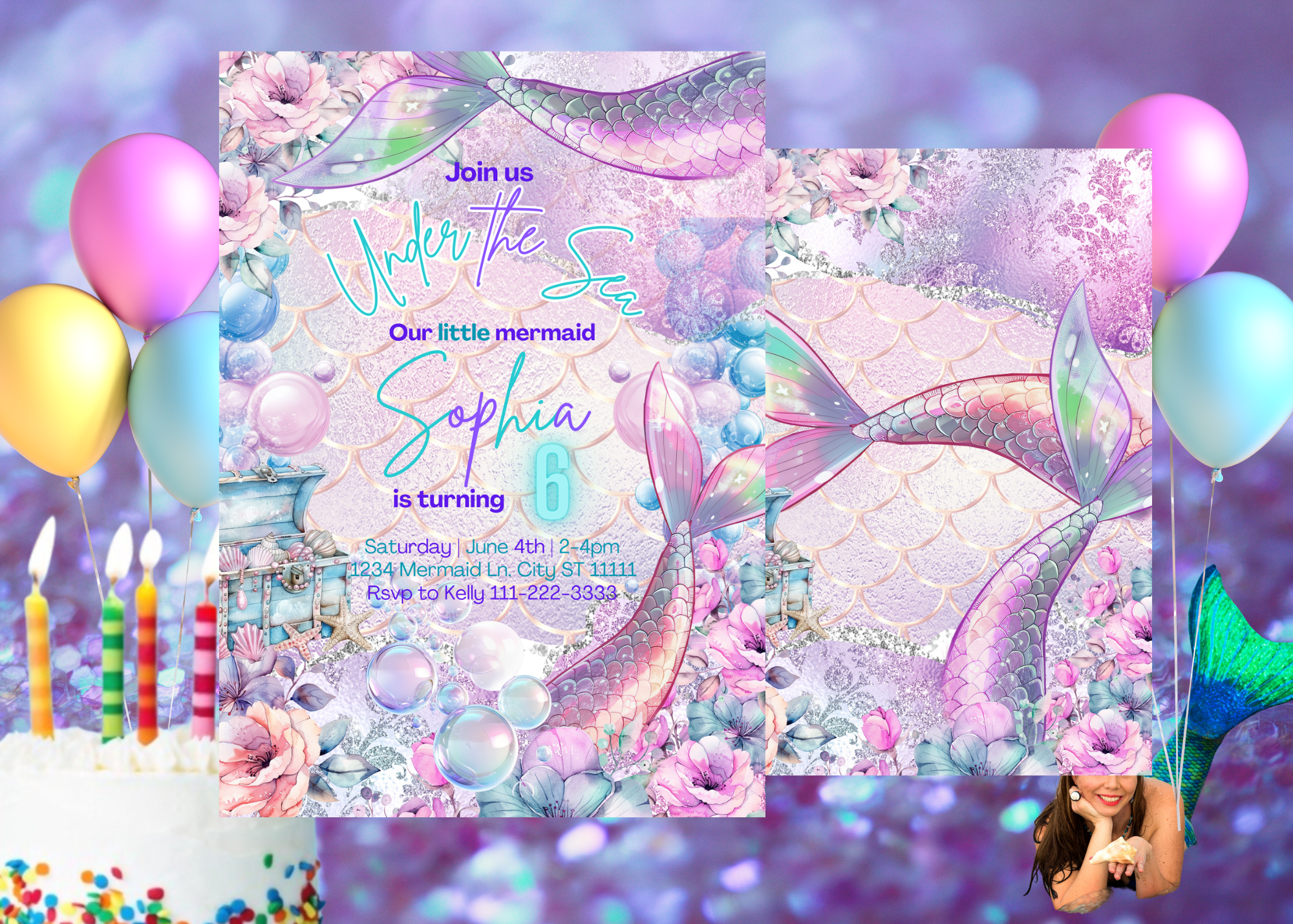 Under the Sea Mermaid Birthday Invitation, Mermaid Party Digital Invite, Mermaid Tail Invitation, Editable Canva Template, Instant Download, Ocean Theme Birthday, Printable Mermaid Party Invitation