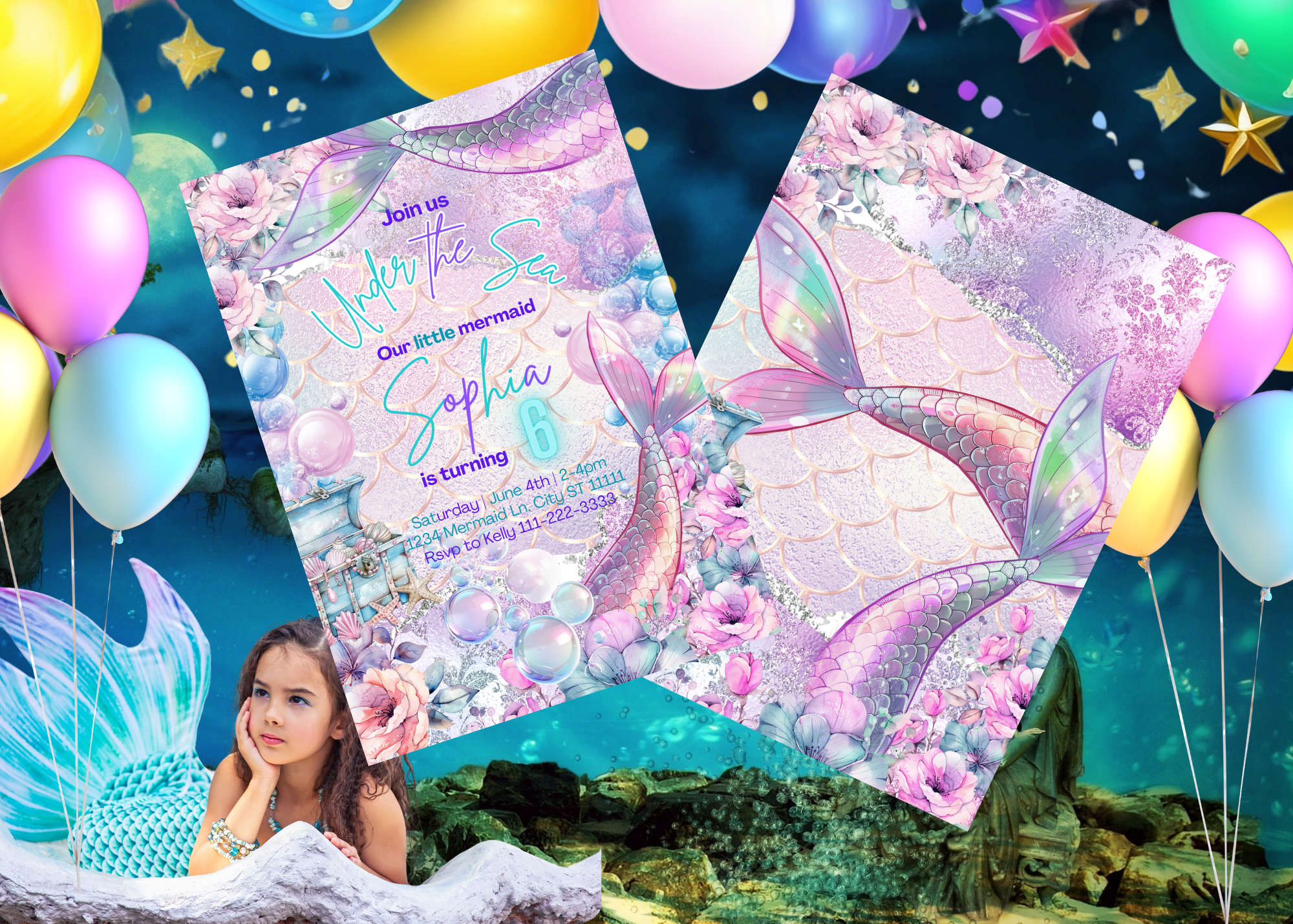 Under the Sea Mermaid Birthday Invitation, Mermaid Party Digital Invite, Mermaid Tail Invitation, Editable Canva Template, Instant Download, Ocean Theme Birthday, Printable Mermaid Party Invitation