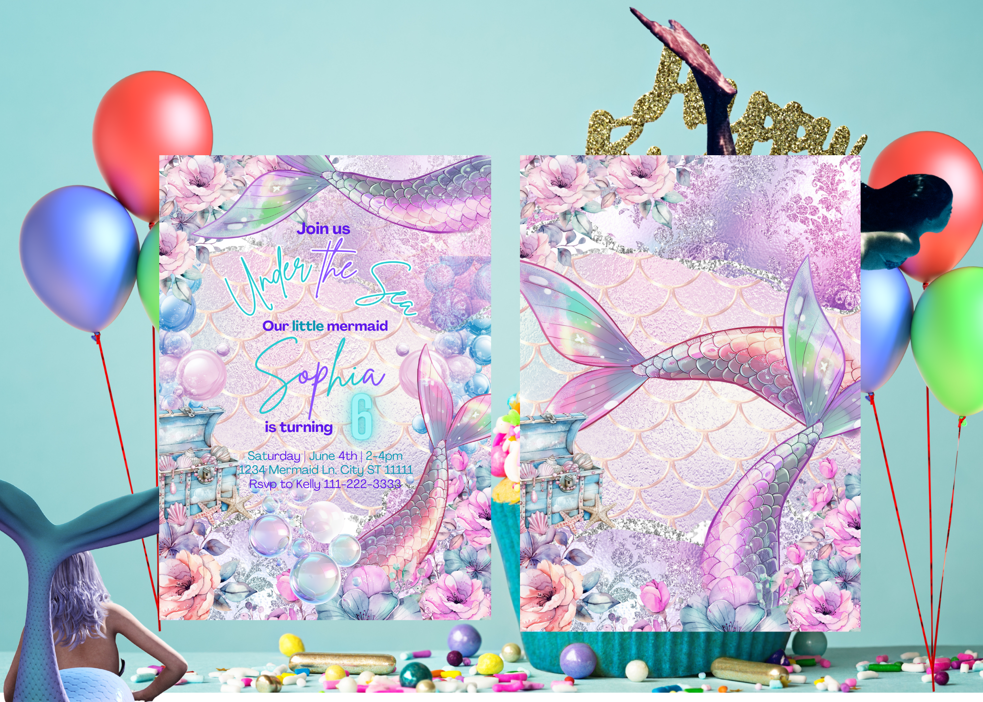Under the Sea Mermaid Birthday Invitation, Mermaid Party Digital Invite, Mermaid Tail Invitation, Editable Canva Template, Instant Download, Ocean Theme Birthday, Printable Mermaid Party Invitation