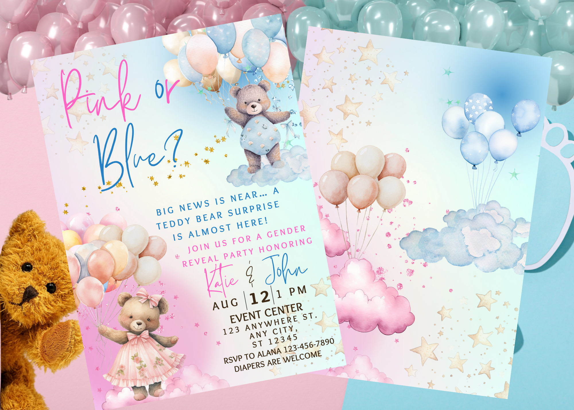 Pink or Blue Teddy Bear Gender Reveal Invitation - 2 page Editable Canva Template, Cute Balloon Sky, Digital Download Party Invite