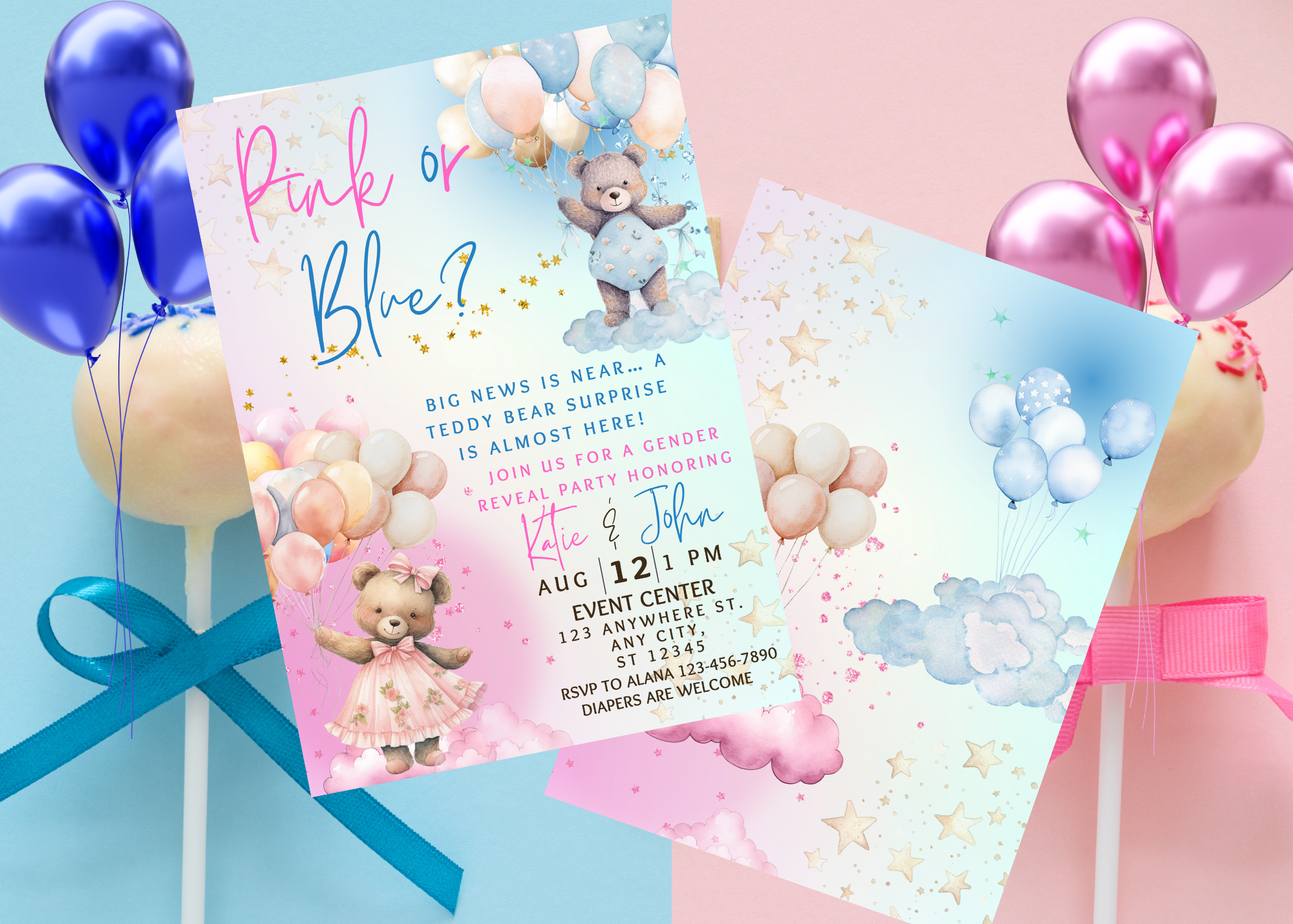 Pink or Blue Teddy Bear Gender Reveal Invitation - 2 page Editable Canva Template, Cute Balloon Sky, Digital Download Party Invite