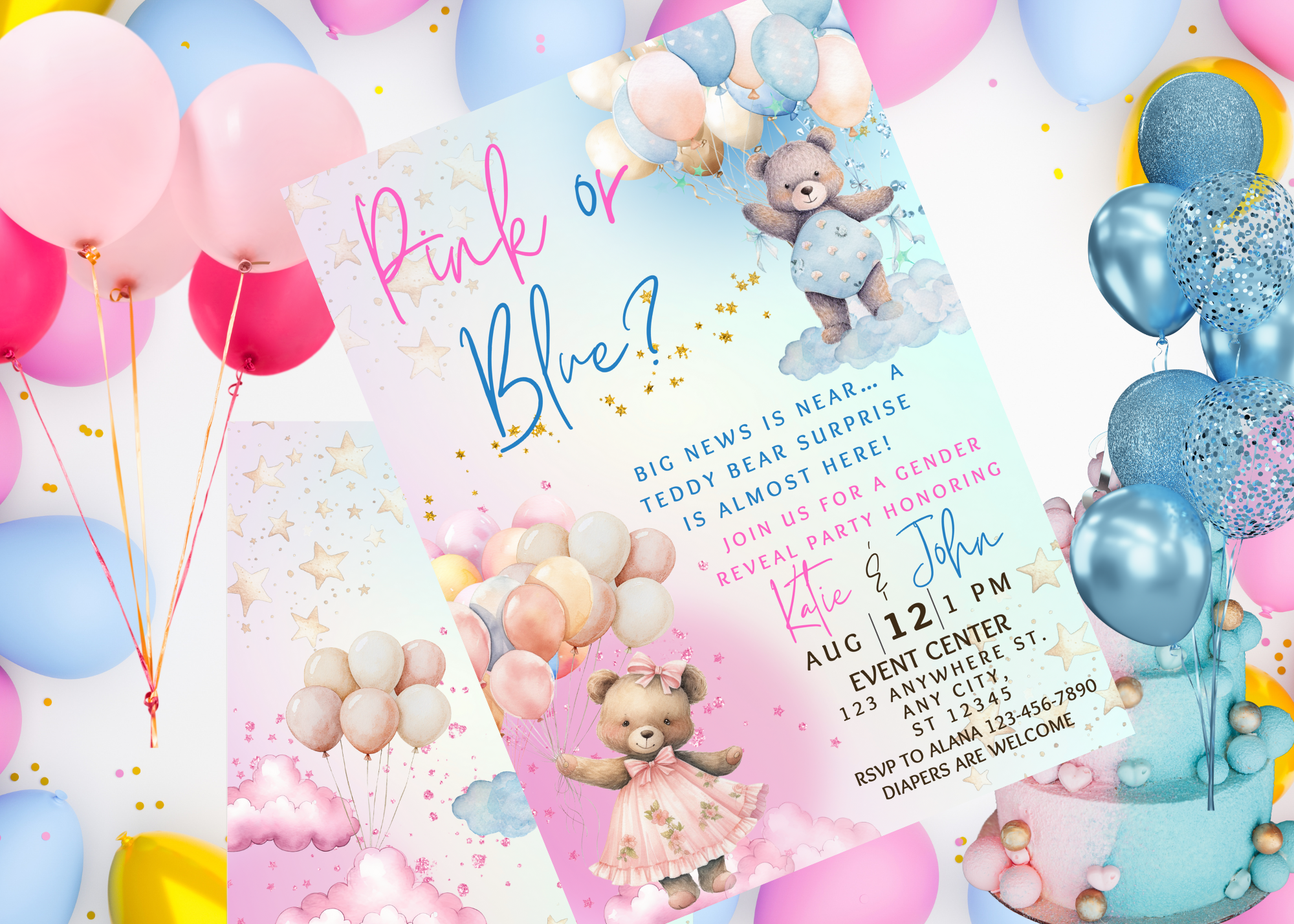 Pink or Blue Teddy Bear Gender Reveal Invitation - 2 page Editable Canva Template, Cute Balloon Sky, Digital Download Party Invite