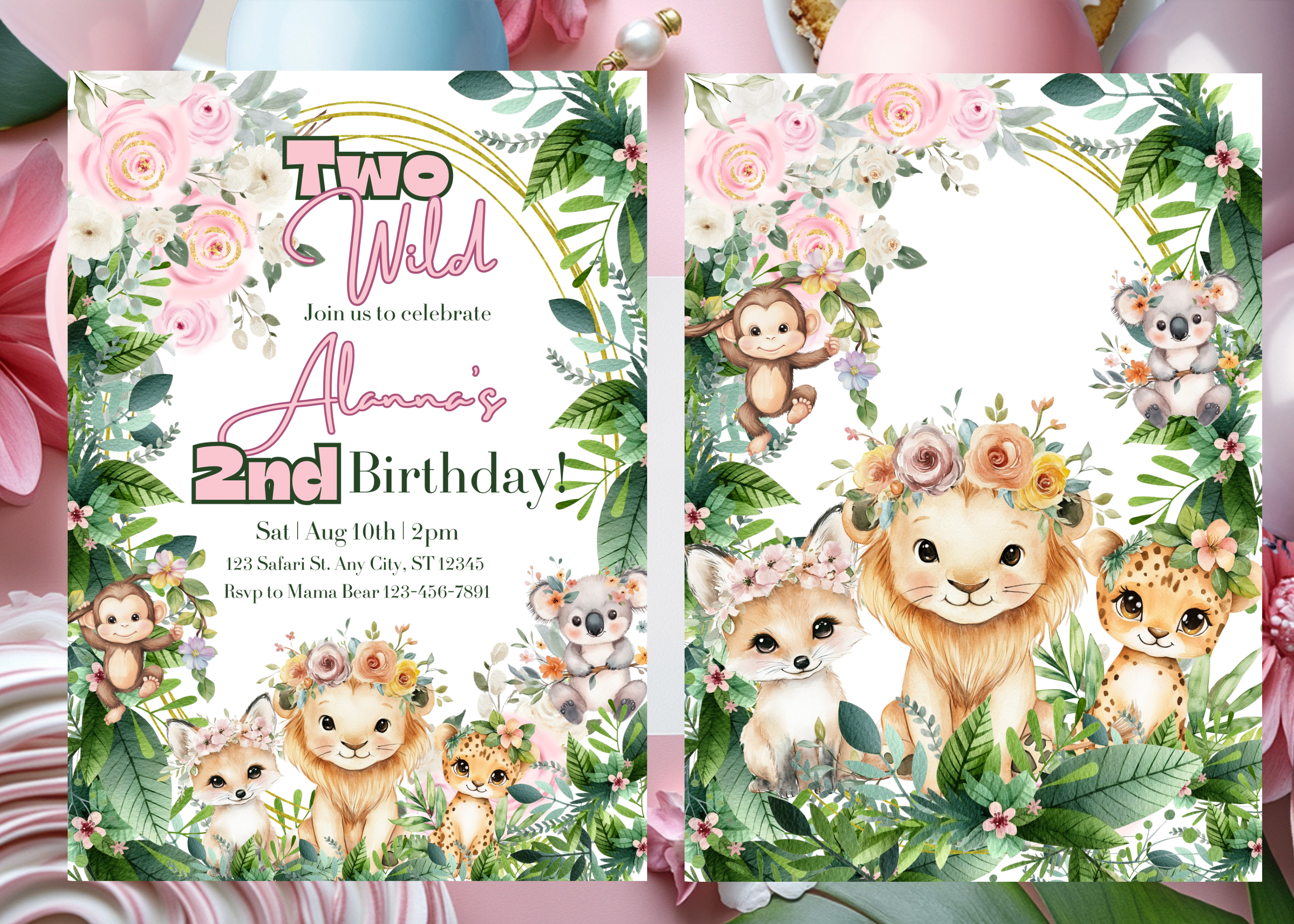Boho Safari Jungle Two Wild Birthday Invitation Girl, Pink Jungle Animals Digital Invite, 2nd Birthday Canva Template, Instant Download