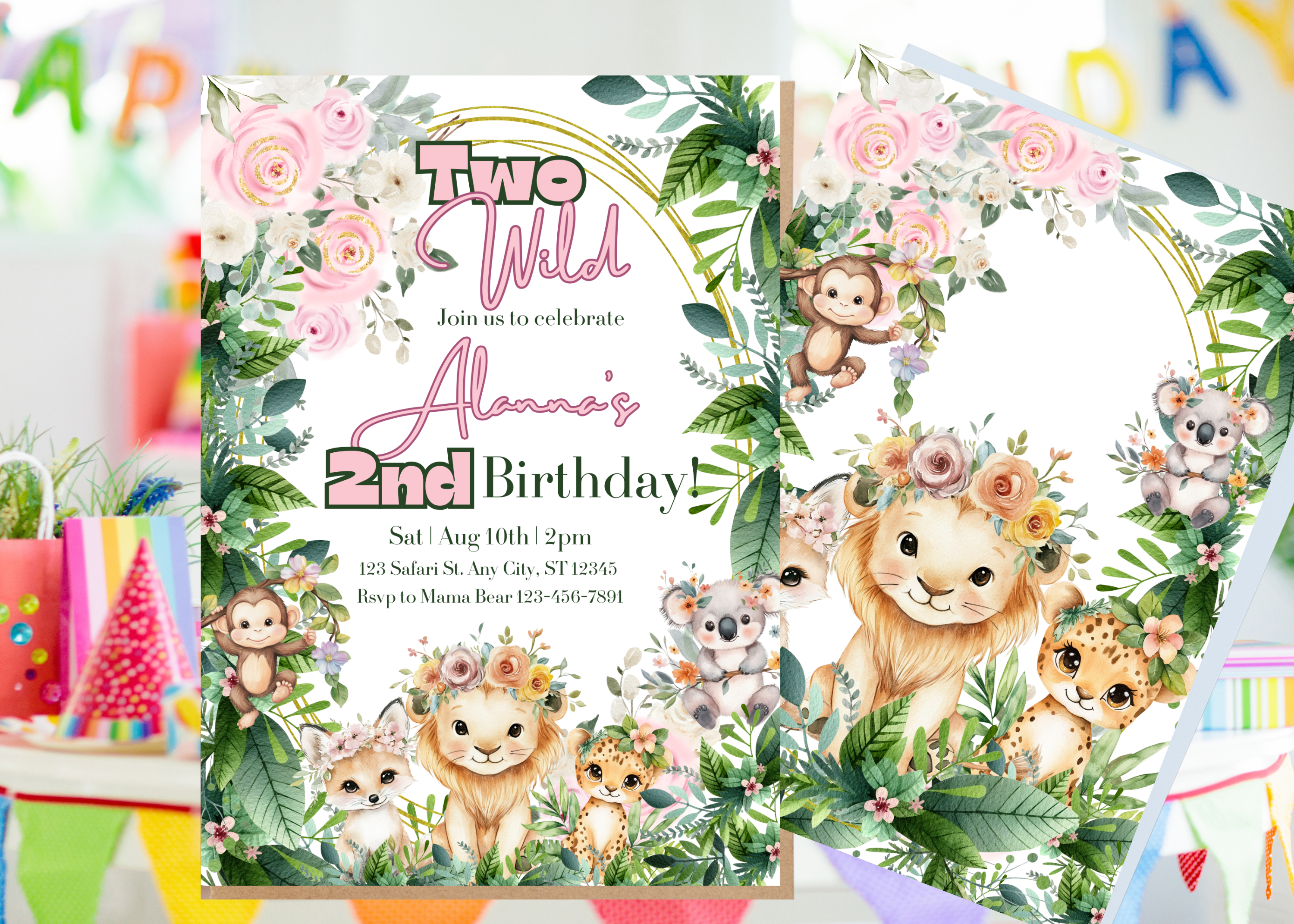 Boho Safari Jungle Two Wild Birthday Invitation Girl, Pink Jungle Animals Digital Invite, 2nd Birthday Canva Template, Instant Download