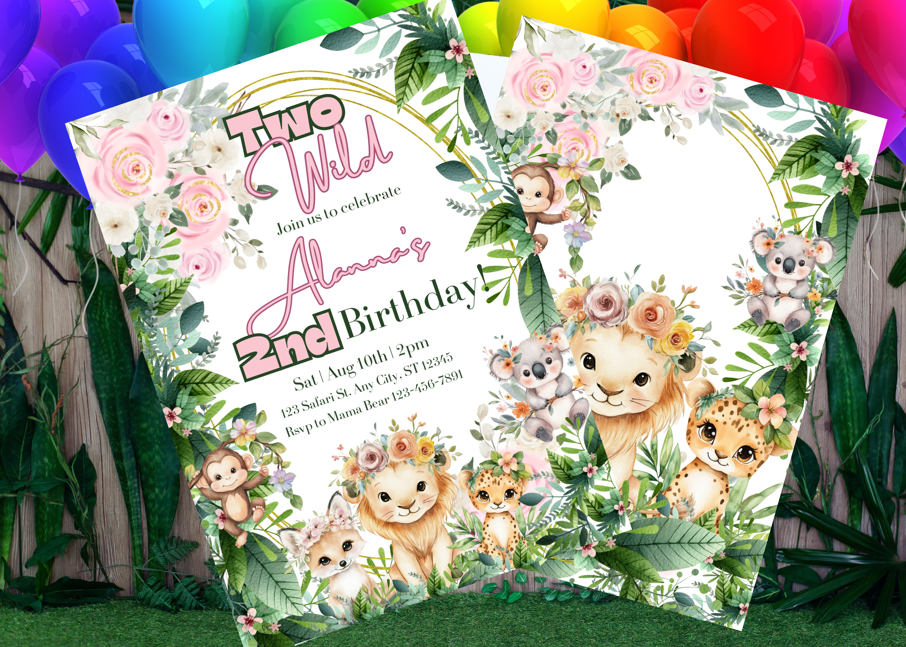 Boho Safari Jungle Two Wild Birthday Invitation Girl, Pink Jungle Animals Digital Invite, 2nd Birthday Canva Template, Instant Download