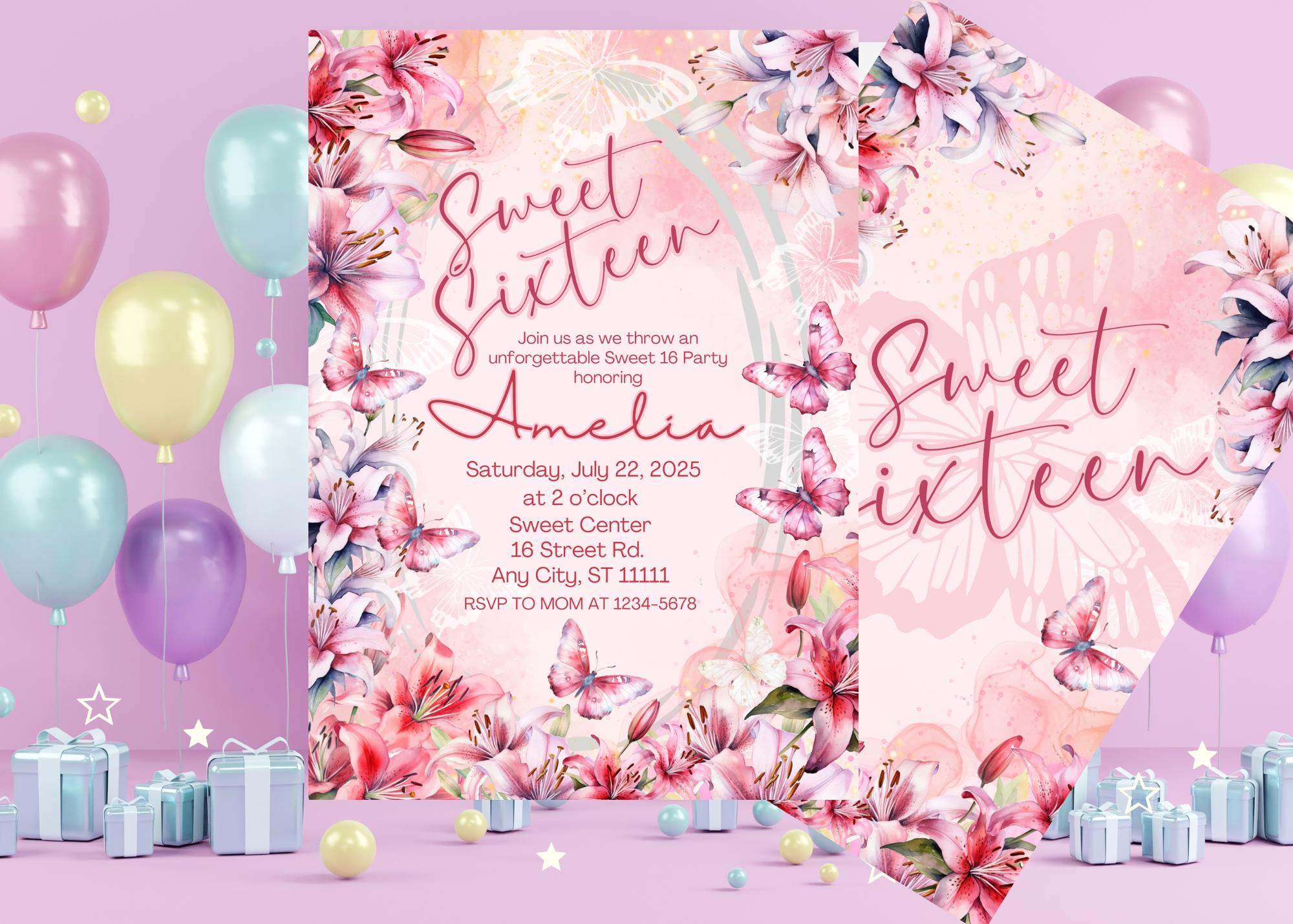 Editable Sweet 16 Invitation, Lilly Flower 16th Birthday Party Invite, Pink Birthday Invite, Custom Floral Design, sweet 16 invite