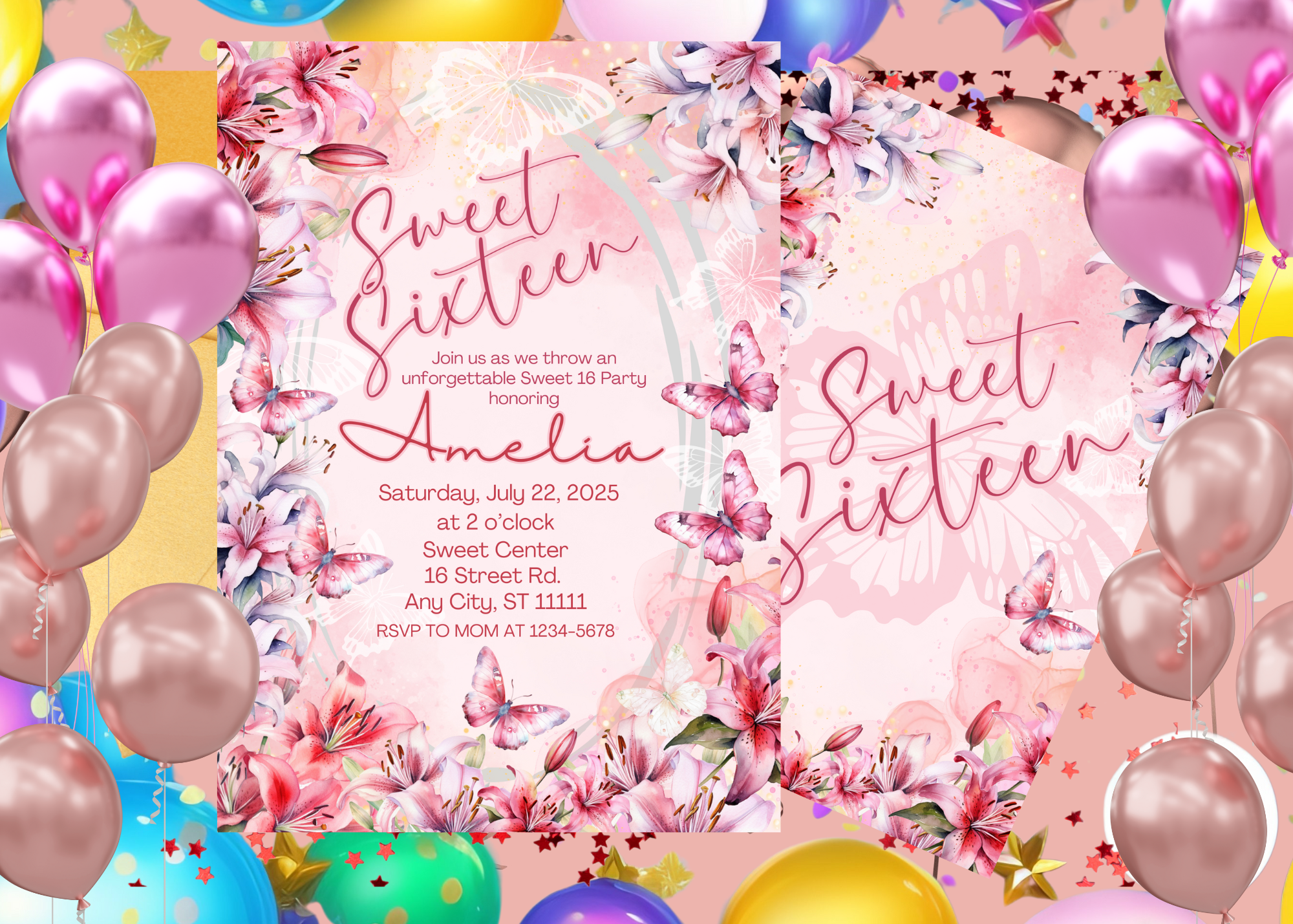 Editable Sweet 16 Invitation, Lilly Flower 16th Birthday Party Invite, Pink Birthday Invite, Custom Floral Design, sweet 16 invite