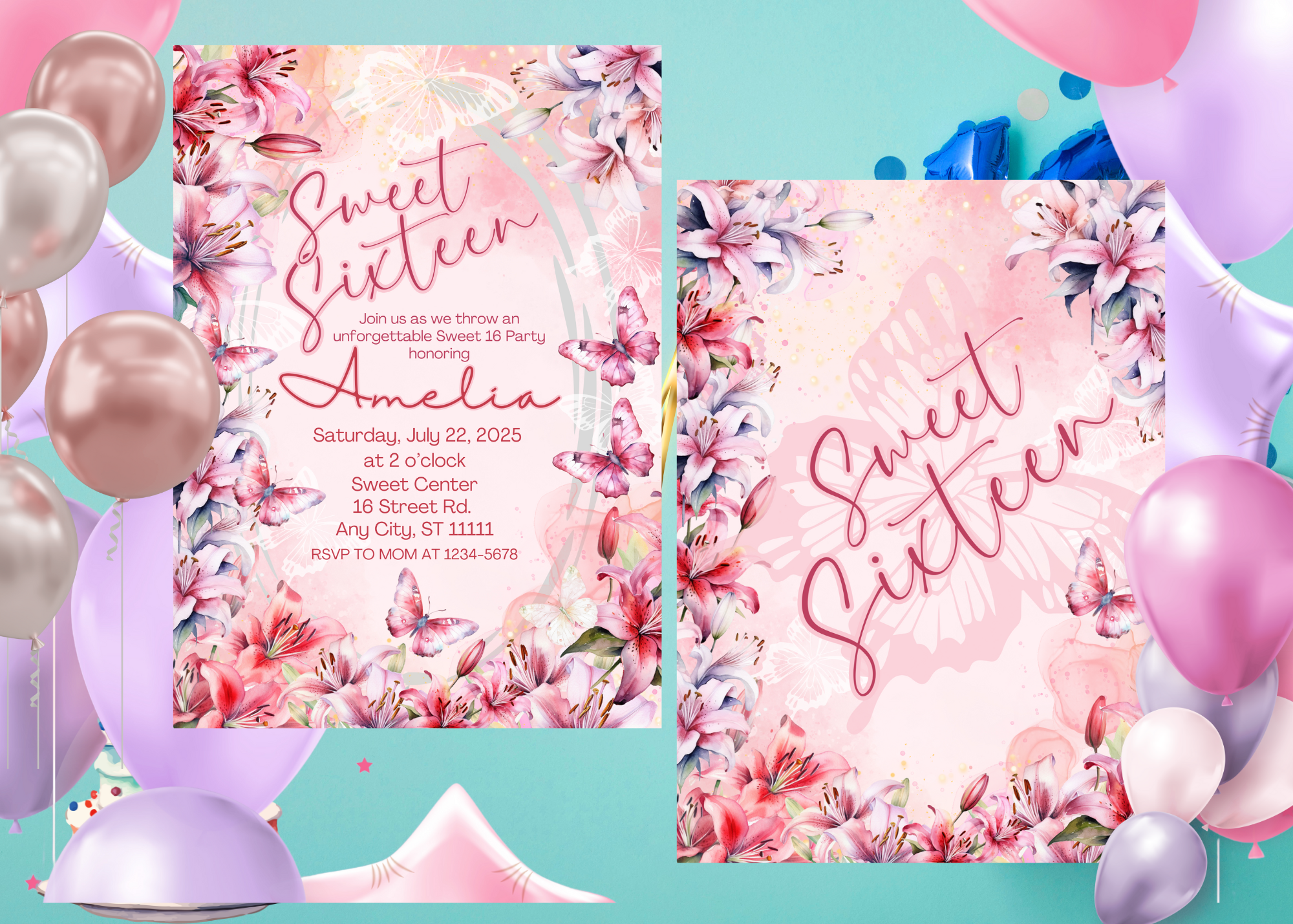 Editable Sweet 16 Invitation, Lilly Flower 16th Birthday Party Invite, Pink Birthday Invite, Custom Floral Design, sweet 16 invite