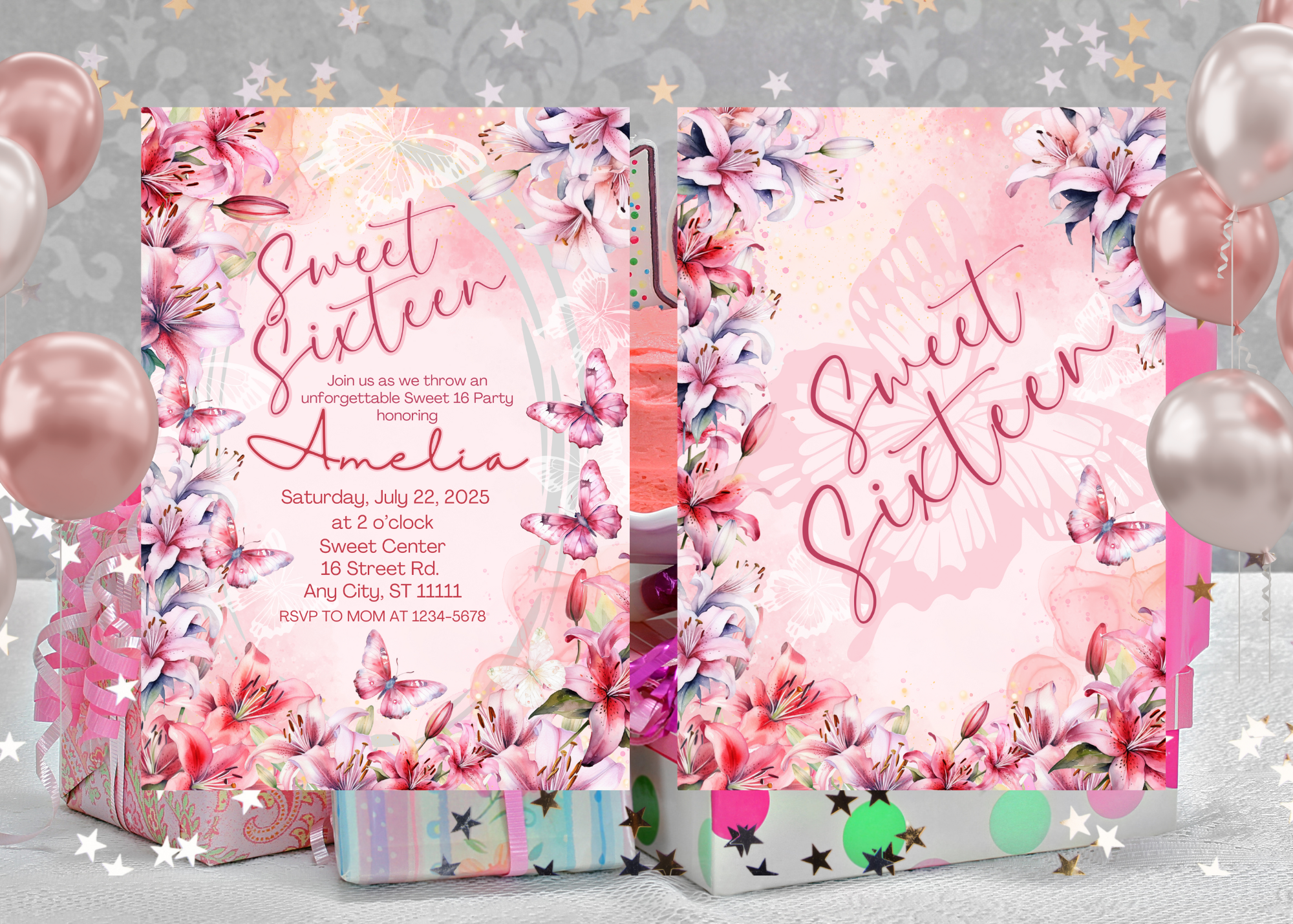 Editable Sweet 16 Invitation, Lilly Flower 16th Birthday Party Invite, Pink Birthday Invite, Custom Floral Design, sweet 16 invite