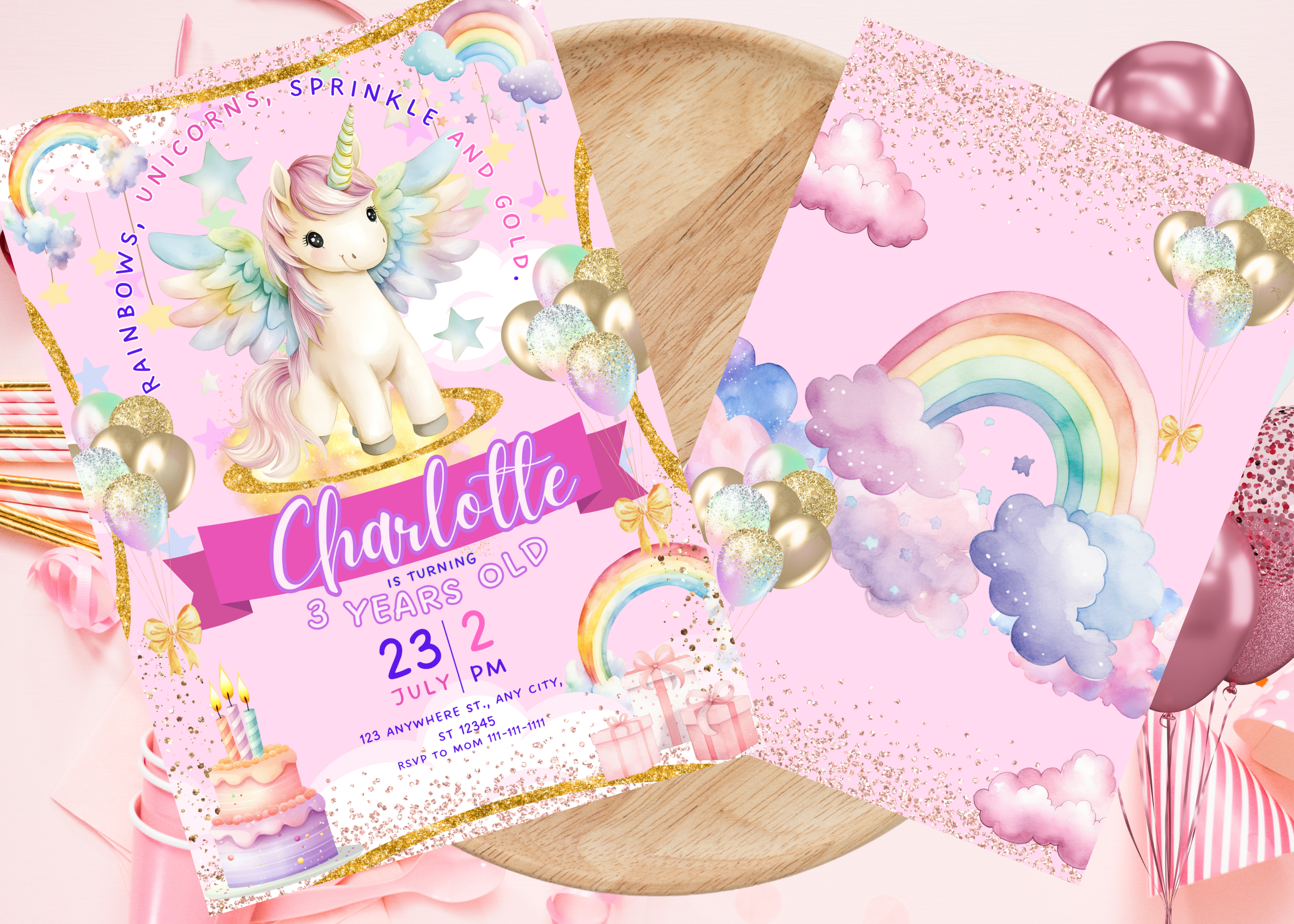 Unicorn Birthday Invitation, Pastel Rainbow Unicorn Invite, Sparkles and Gold Party Template, Birthday Girl Printable, Canva Editable, Instant Download