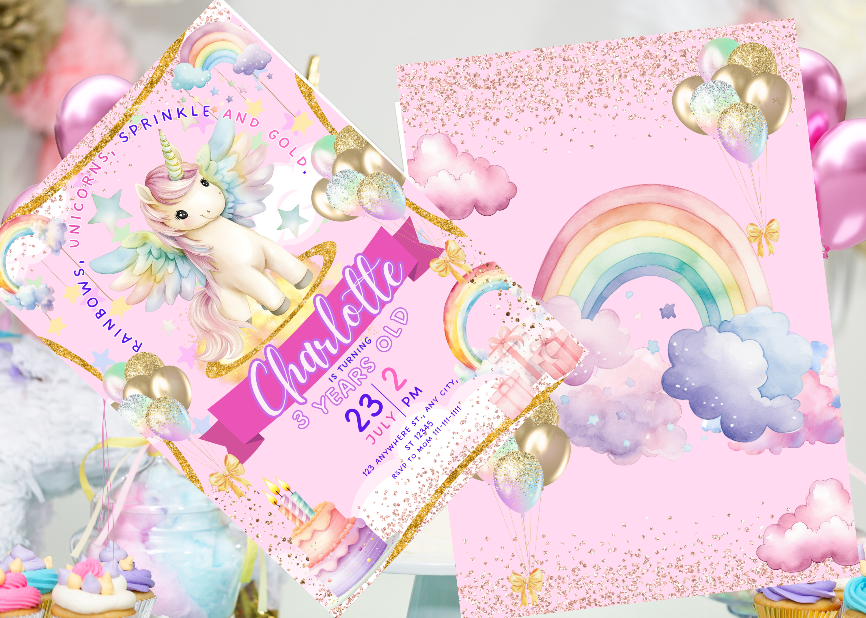 Unicorn Birthday Invitation, Pastel Rainbow Unicorn Invite, Sparkles and Gold Party Template, Birthday Girl Printable, Canva Editable, Instant Download