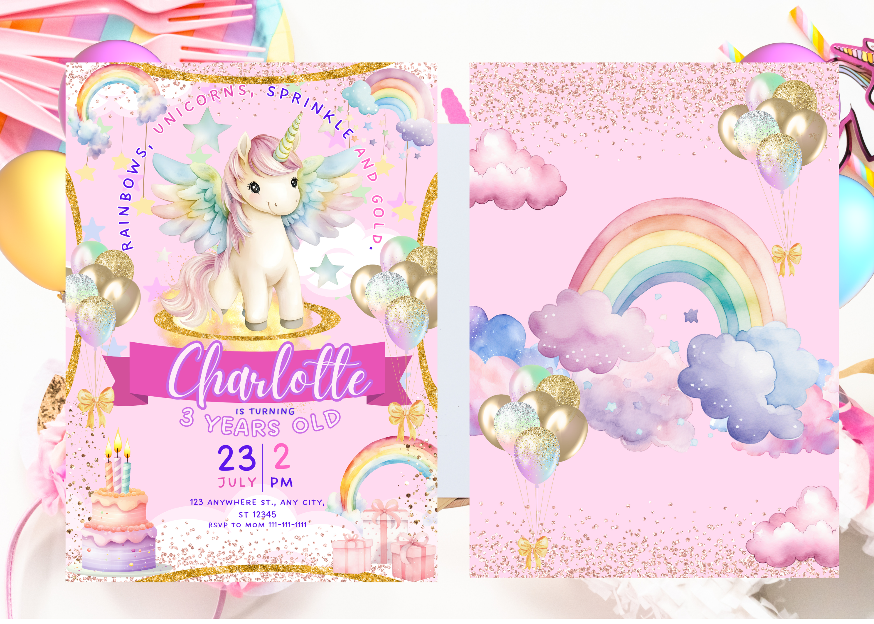 Unicorn Birthday Invitation, Pastel Rainbow Unicorn Invite, Sparkles and Gold Party Template, Birthday Girl Printable, Canva Editable, Instant Download