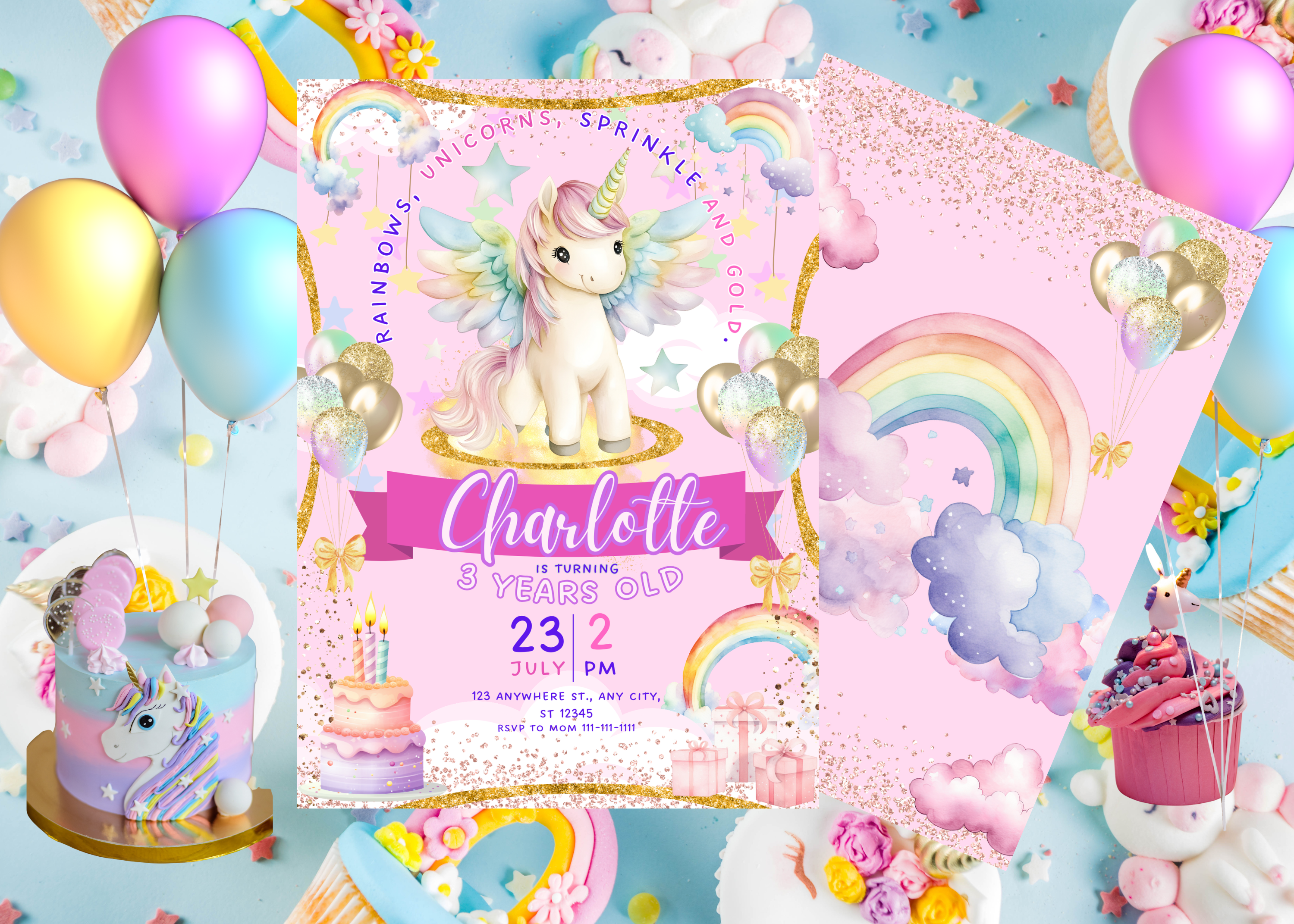Unicorn Birthday Invitation, Pastel Rainbow Unicorn Invite, Sparkles and Gold Party Template, Birthday Girl Printable, Canva Editable, Instant Download