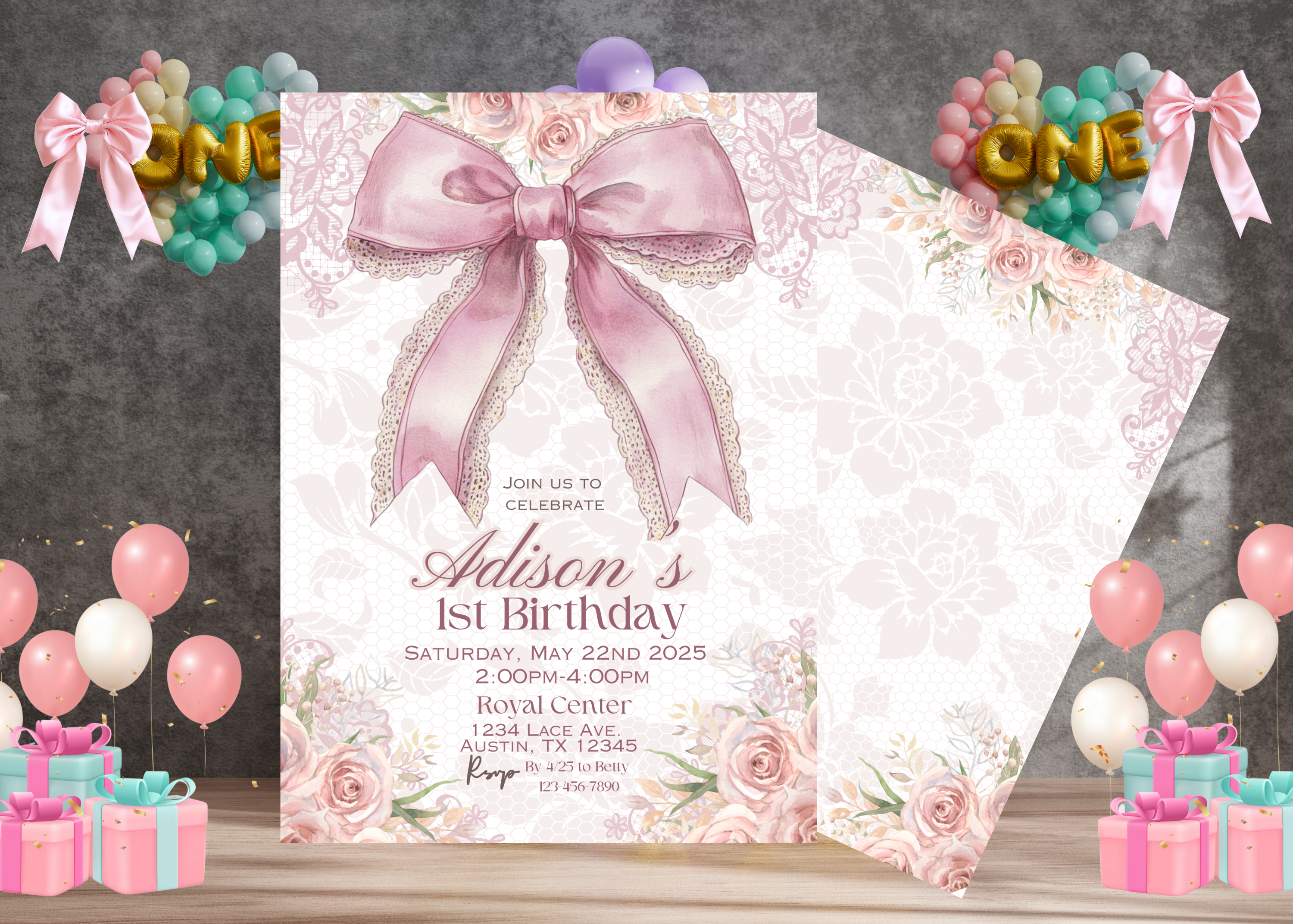 Pink Bow 1st Birthday Invitation, Pink Coquette Bow Invitation, 1st Birthday Girl Invite, Coquette Bow Invite, Editable Canva Template