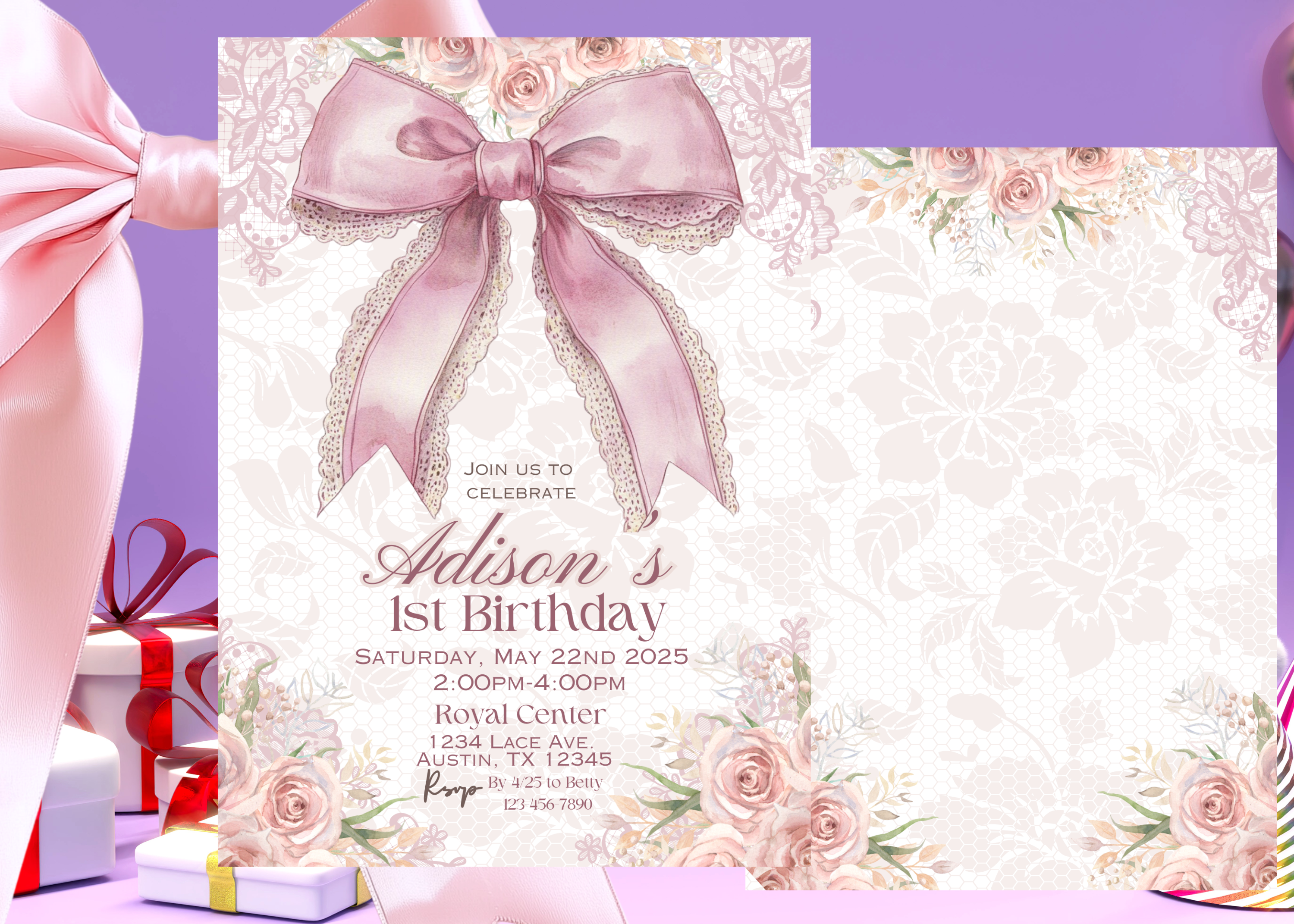 Pink Bow 1st Birthday Invitation, Pink Coquette Bow Invitation, 1st Birthday Girl Invite, Coquette Bow Invite, Editable Canva Template