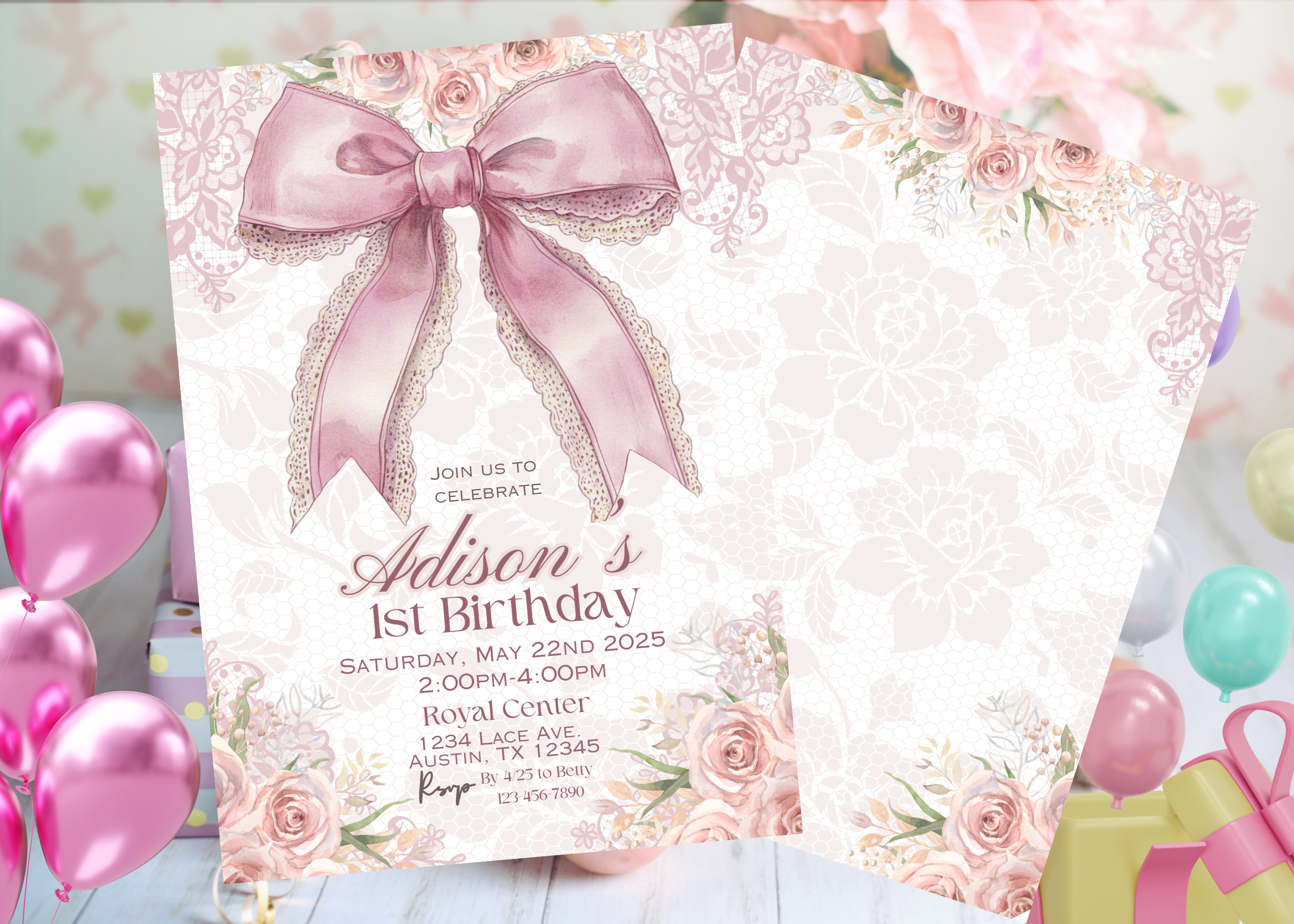 Pink Bow 1st Birthday Invitation, Pink Coquette Bow Invitation, 1st Birthday Girl Invite, Coquette Bow Invite, Editable Canva Template