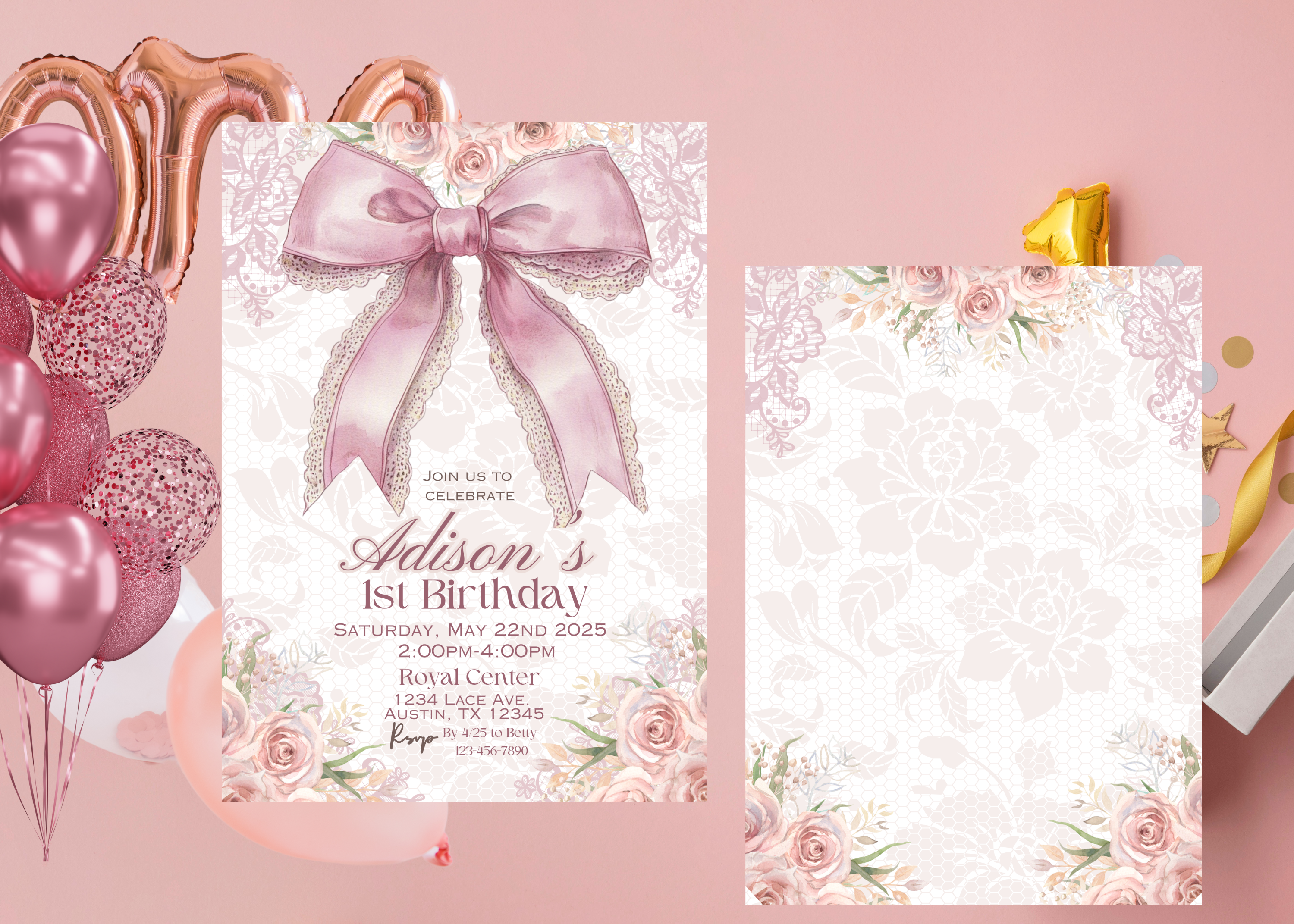 Pink Bow 1st Birthday Invitation, Pink Coquette Bow Invitation, 1st Birthday Girl Invite, Coquette Bow Invite, Editable Canva Template