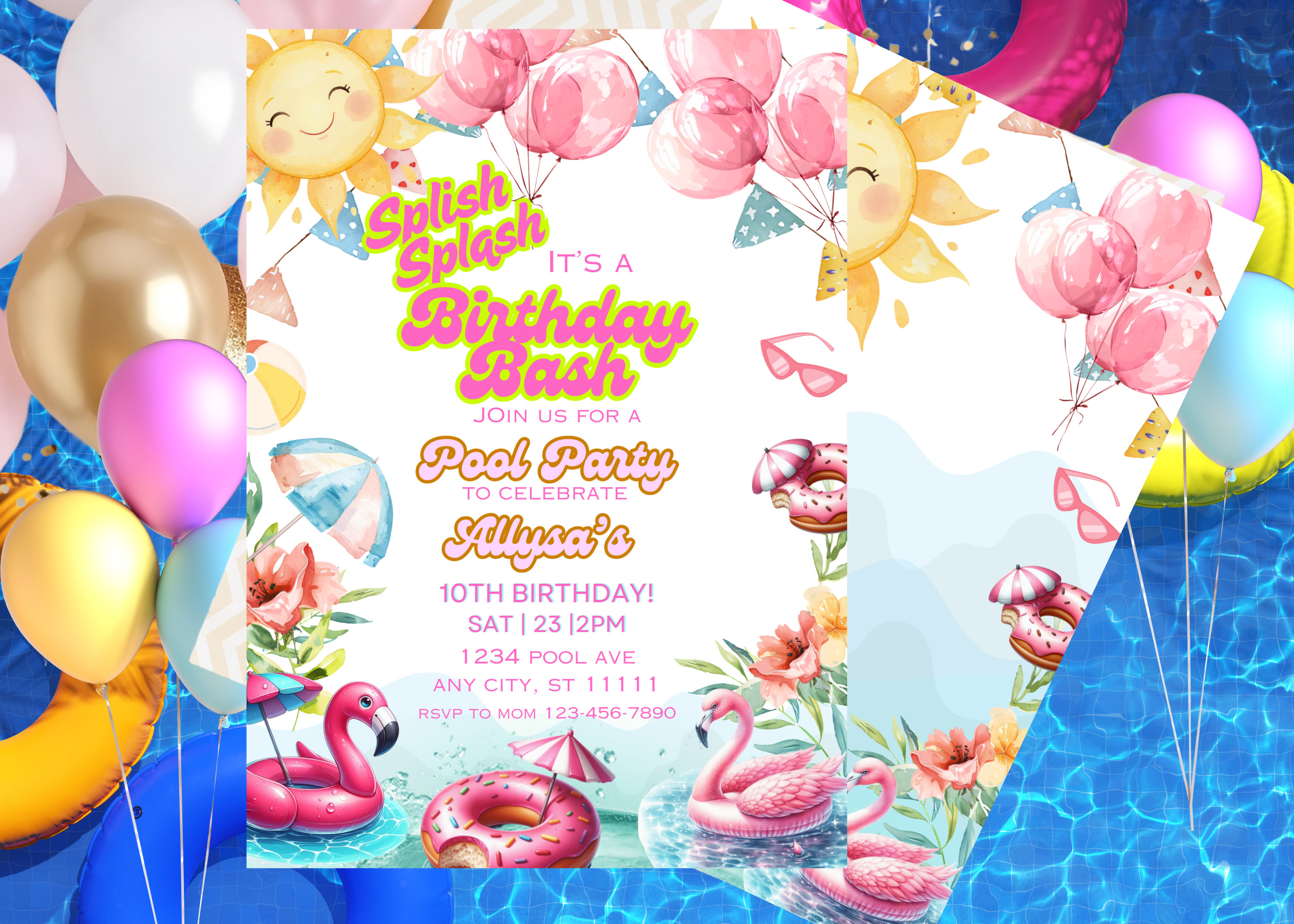 Pool Party Birthday Invitation Template, Splish Splash Its a Birthday Bash, Beach Theme Digital Invite, Editable Canva, Two Page Front Back, Summer Pool Party Printable, Instant Download