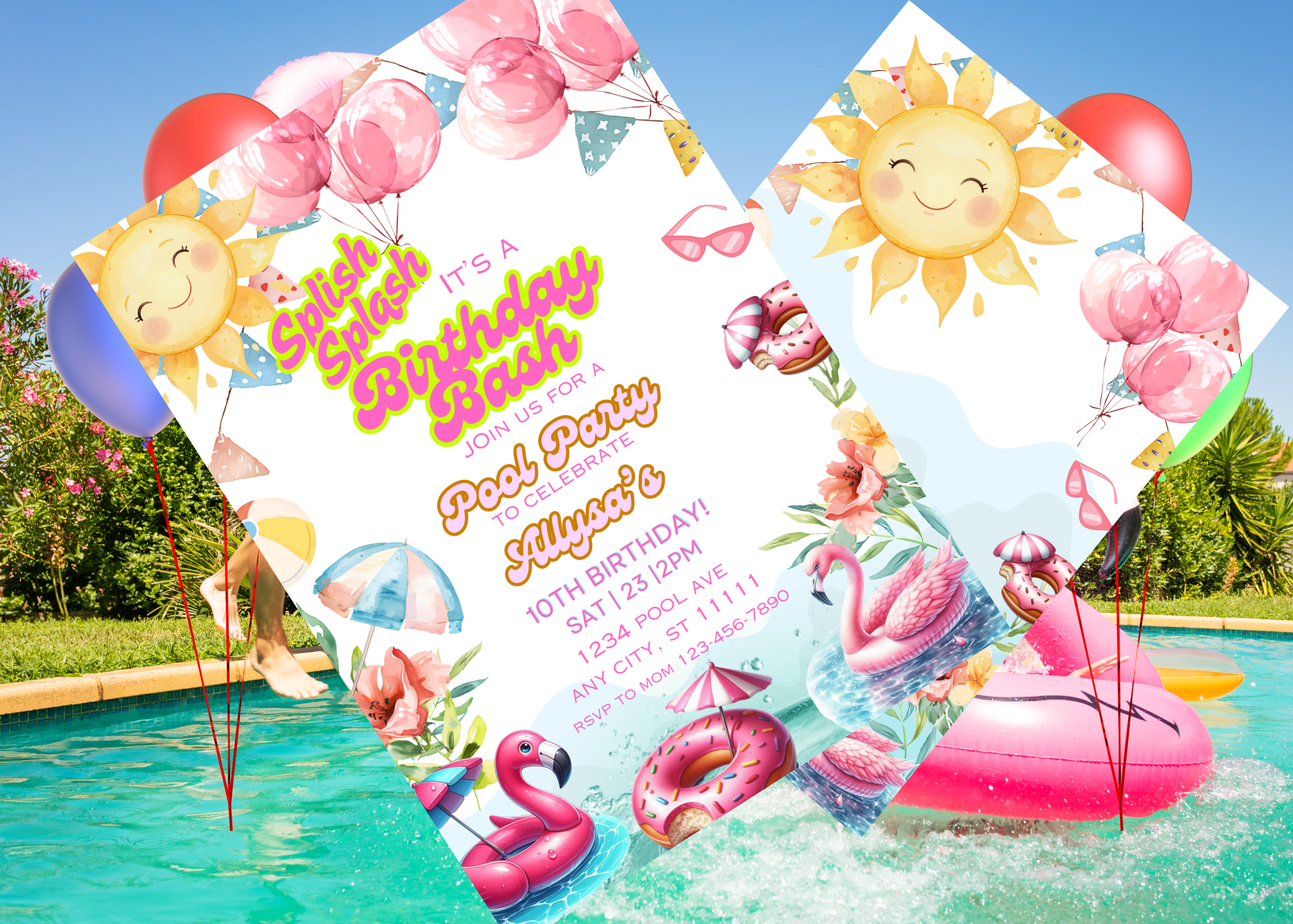 Pool Party Birthday Invitation Template, Splish Splash Its a Birthday Bash, Beach Theme Digital Invite, Editable Canva, Two Page Front Back, Summer Pool Party Printable, Instant Download