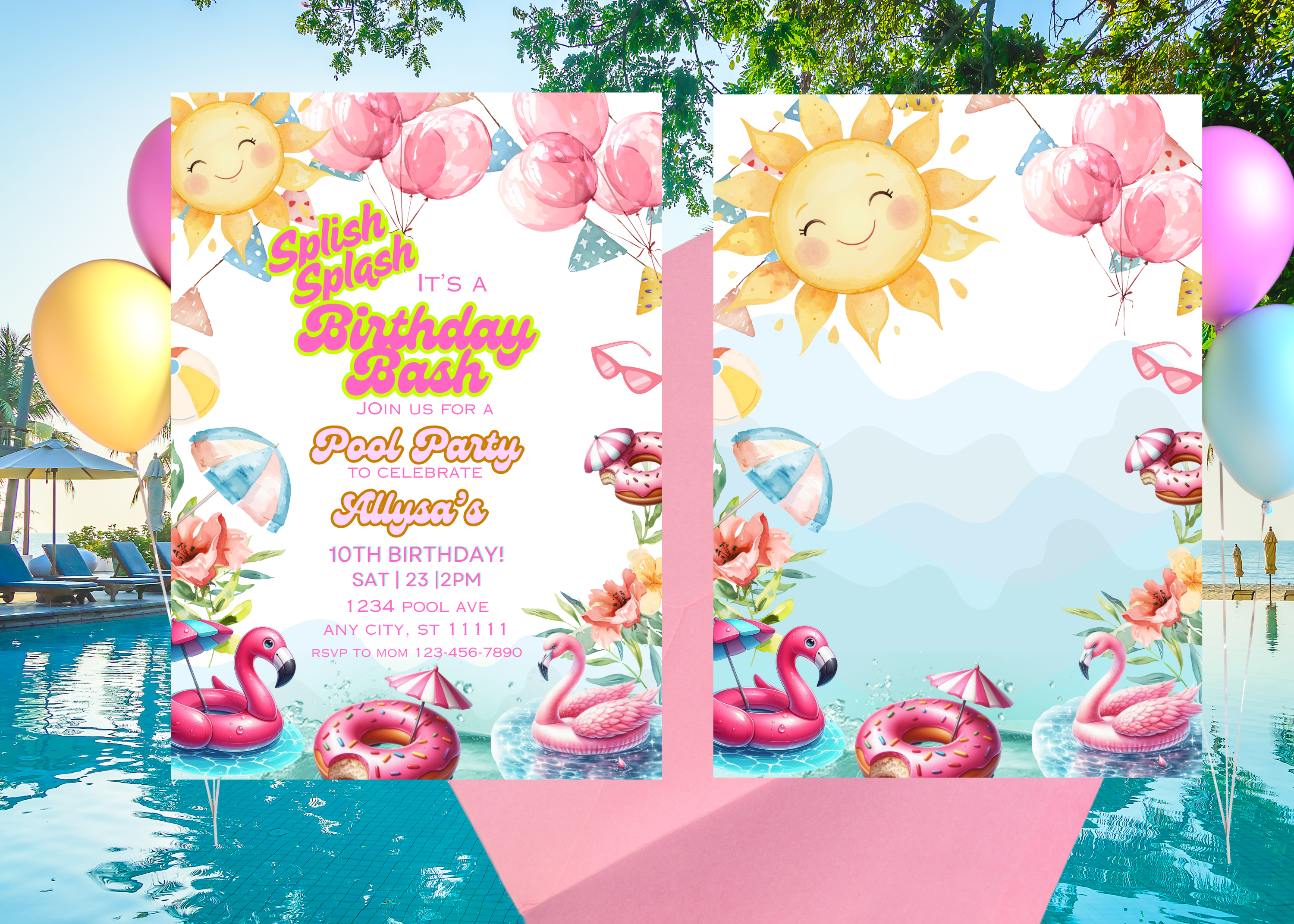 Pool Party Birthday Invitation Template, Splish Splash Its a Birthday Bash, Beach Theme Digital Invite, Editable Canva, Two Page Front Back, Summer Pool Party Printable, Instant Download