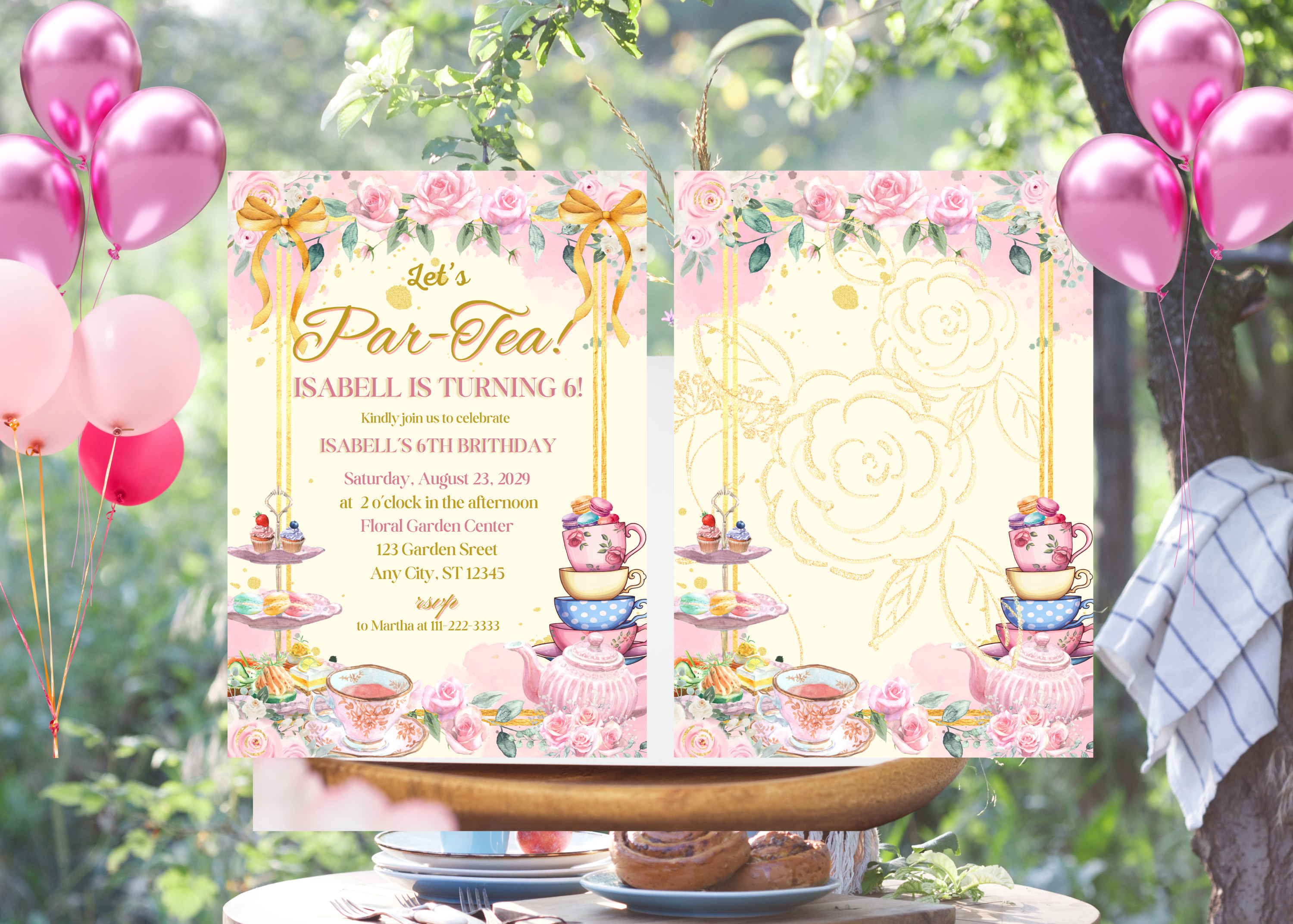 Tea Party Birthday Invitation, Par-tea Girl Invite, Pink Floral Teacup Template, Instant Download Canva, Editable 2 Page Front & Back, Watercolor Tea Pot, Rose Party Decor