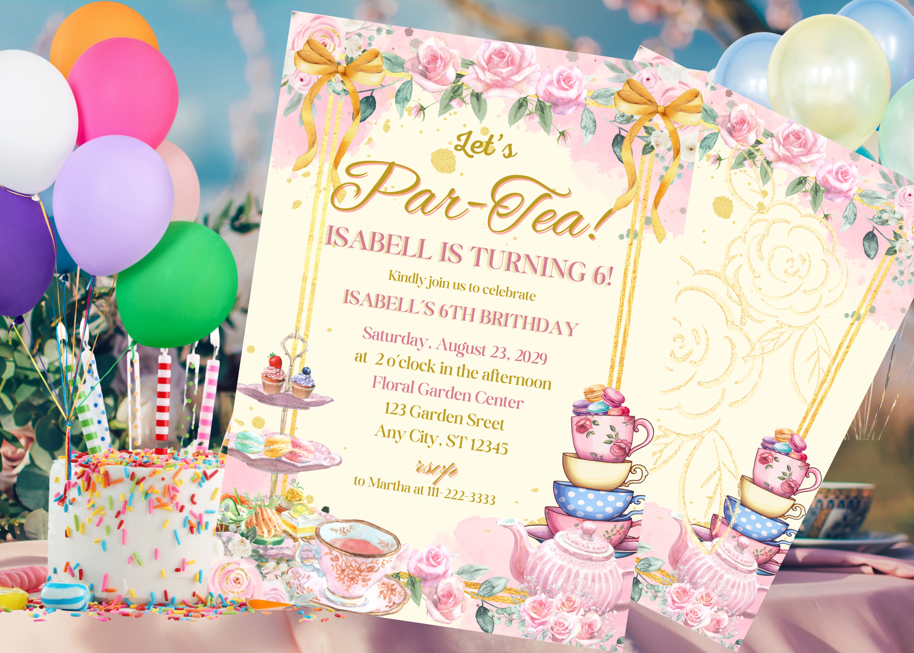 Tea Party Birthday Invitation, Par-tea Girl Invite, Pink Floral Teacup Template, Instant Download Canva, Editable 2 Page Front & Back, Watercolor Tea Pot, Rose Party Decor