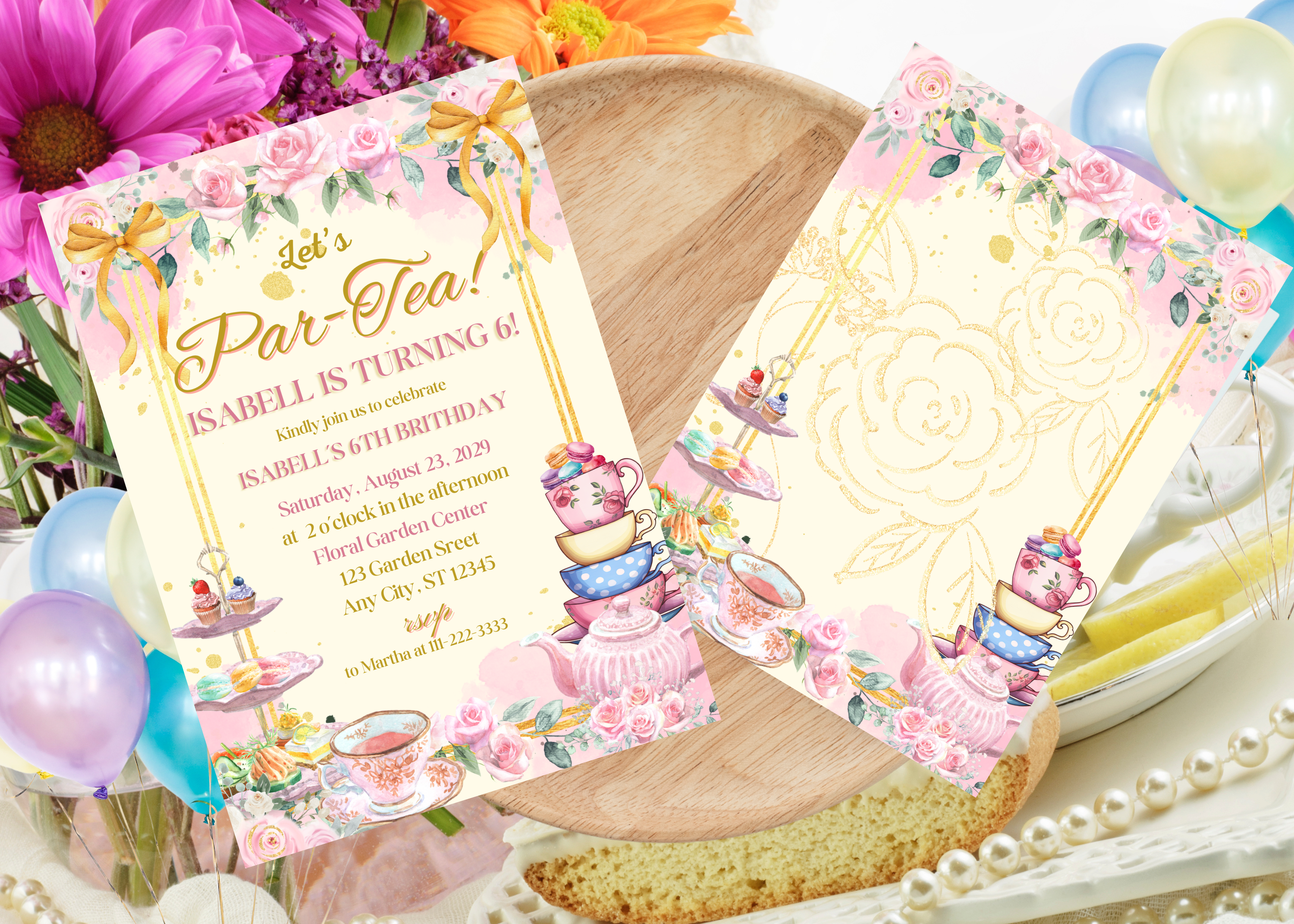 Tea Party Birthday Invitation, Par-tea Girl Invite, Pink Floral Teacup Template, Instant Download Canva, Editable 2 Page Front & Back, Watercolor Tea Pot, Rose Party Decor