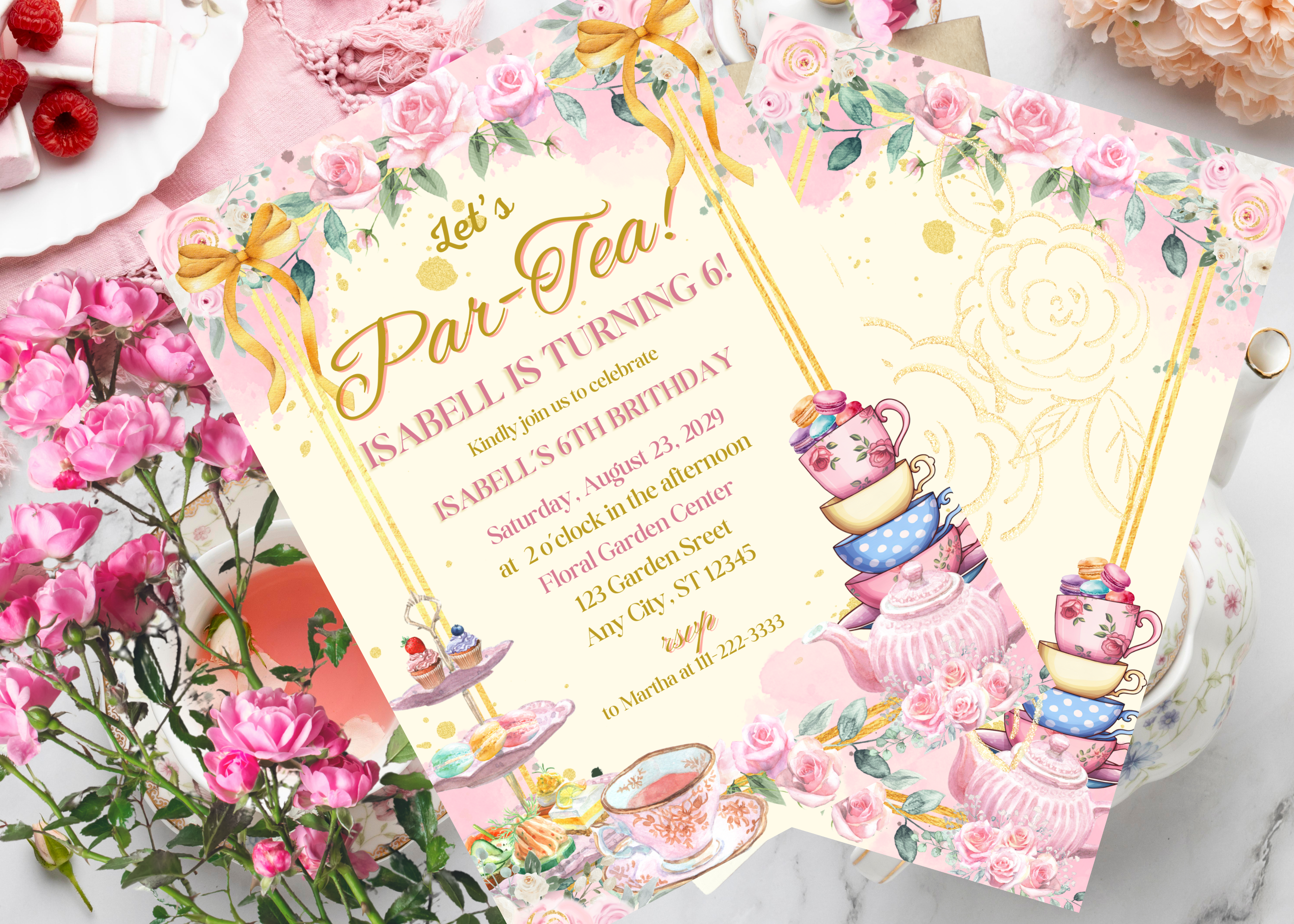 Tea Party Birthday Invitation, Par-tea Girl Invite, Pink Floral Teacup Template, Instant Download Canva, Editable 2 Page Front & Back, Watercolor Tea Pot, Rose Party Decor