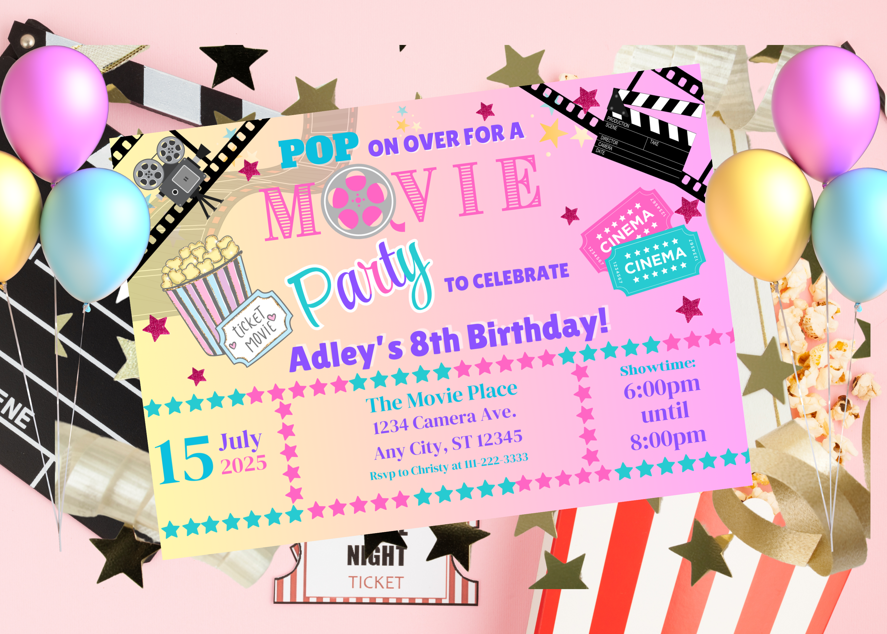 Pink Movie Party Birthday Invitation, Movie Night Birthday Invite, Girl's Movie Party, Movie Theme Digital Invite, Popcorn Film Party Template, Canva Editable Download