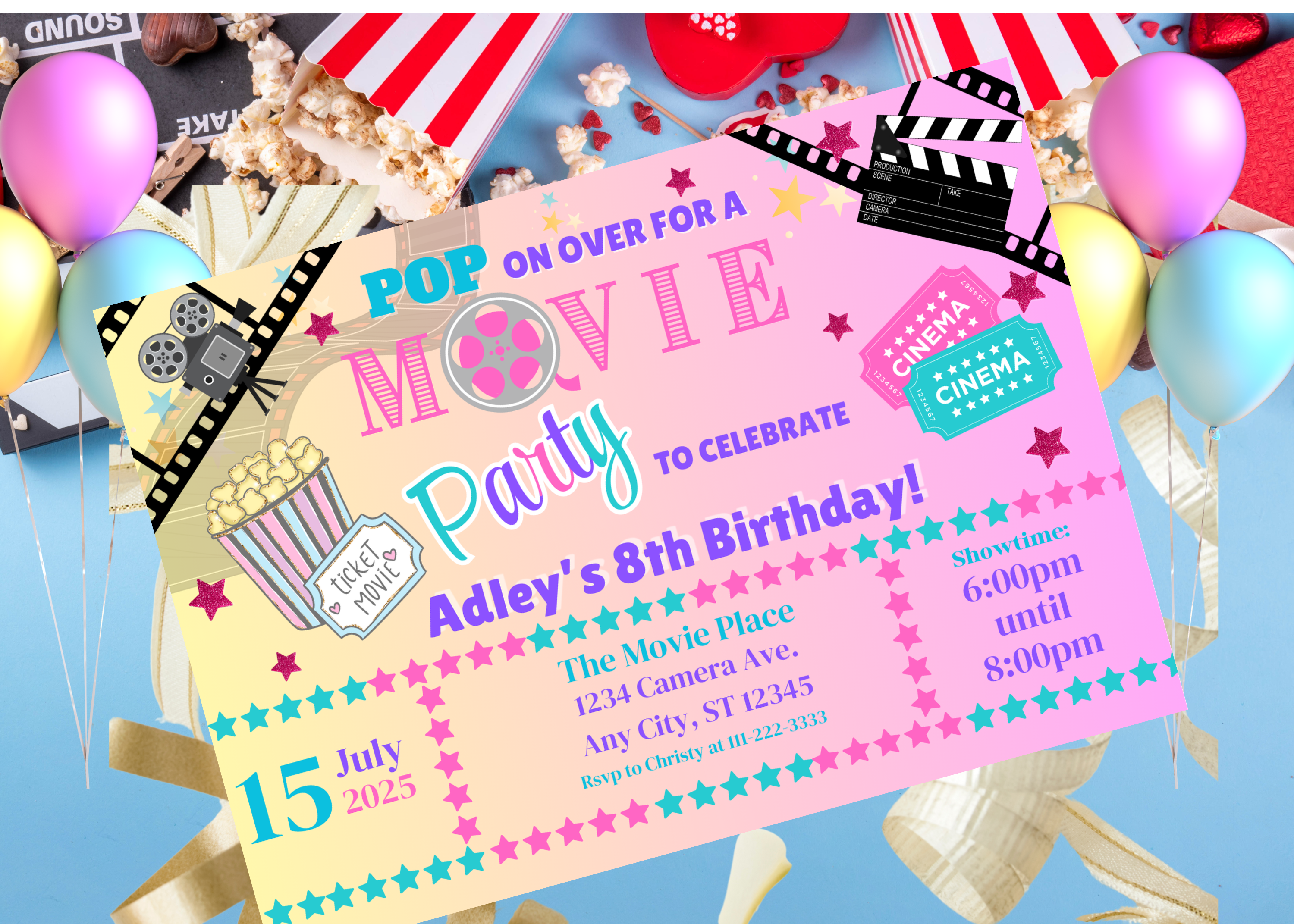 Pink Movie Party Birthday Invitation, Movie Night Birthday Invite, Girl's Movie Party, Movie Theme Digital Invite, Popcorn Film Party Template, Canva Editable Download