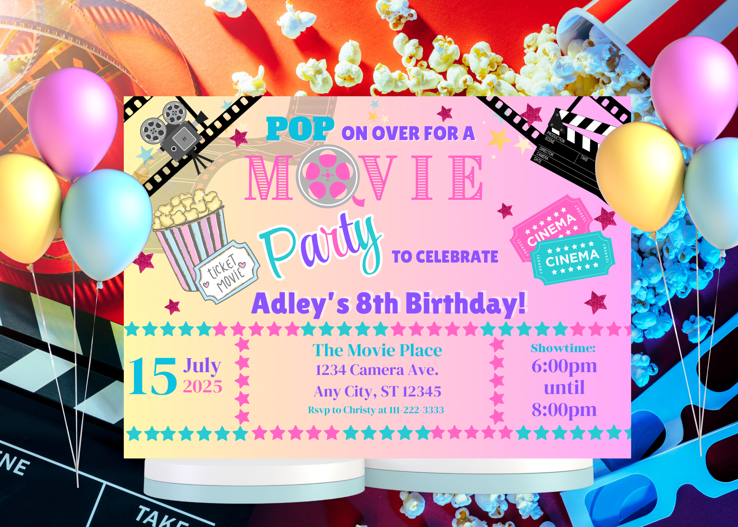 Pink Movie Party Birthday Invitation, Movie Night Birthday Invite, Girl's Movie Party, Movie Theme Digital Invite, Popcorn Film Party Template, Canva Editable Download