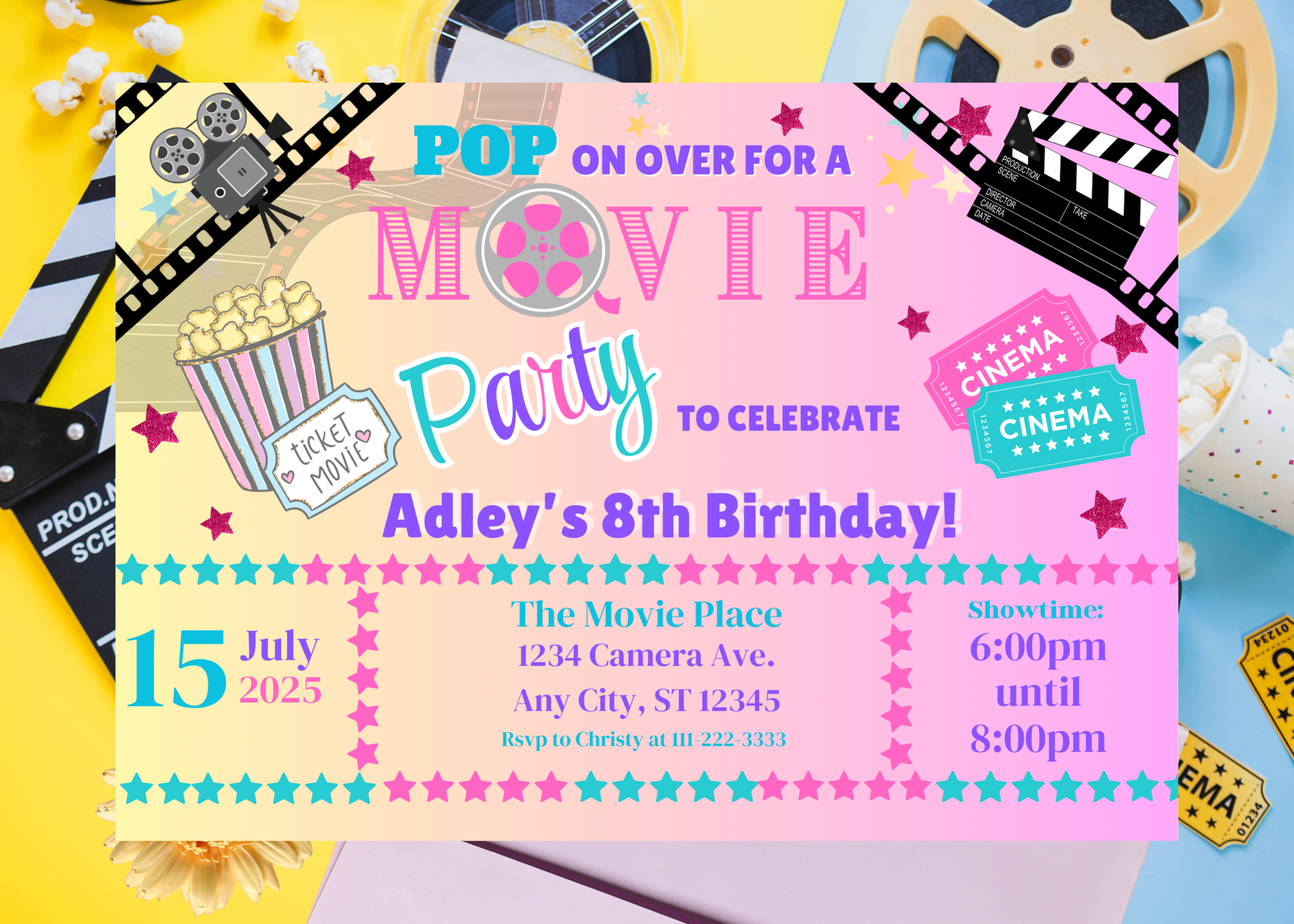 Pink Movie Party Birthday Invitation, Movie Night Birthday Invite, Girl's Movie Party, Movie Theme Digital Invite, Popcorn Film Party Template, Canva Editable Download