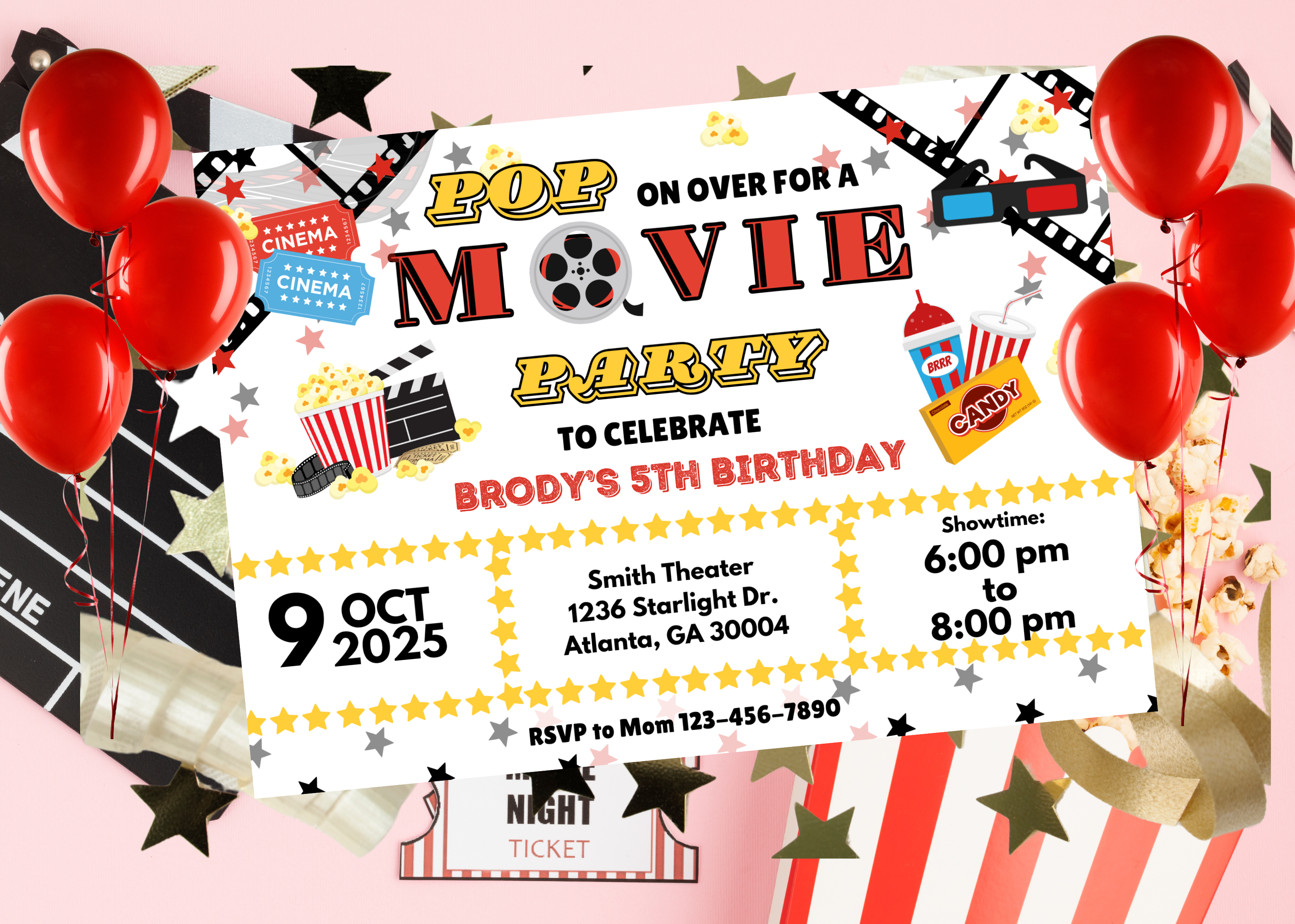 Red and Black Movie Party Birthday Invitation, Movie Night Birthday Invite, Kids Movie Party Invitation, Digital Movie Invitation, Red Carpet Birthday Template, Popcorn Movie Invite