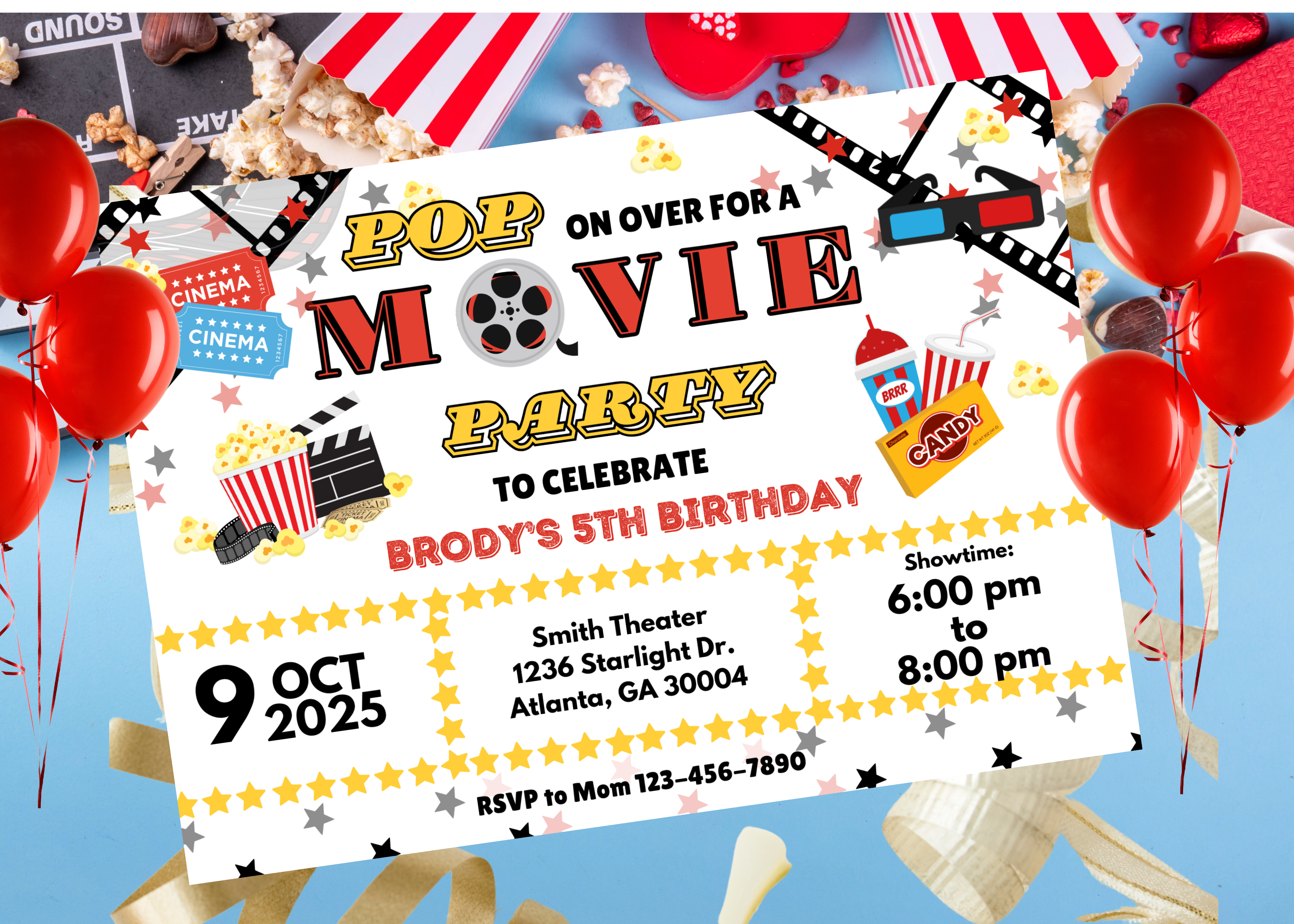 Red and Black Movie Party Birthday Invitation, Movie Night Birthday Invite, Kids Movie Party Invitation, Digital Movie Invitation, Red Carpet Birthday Template, Popcorn Movie Invite