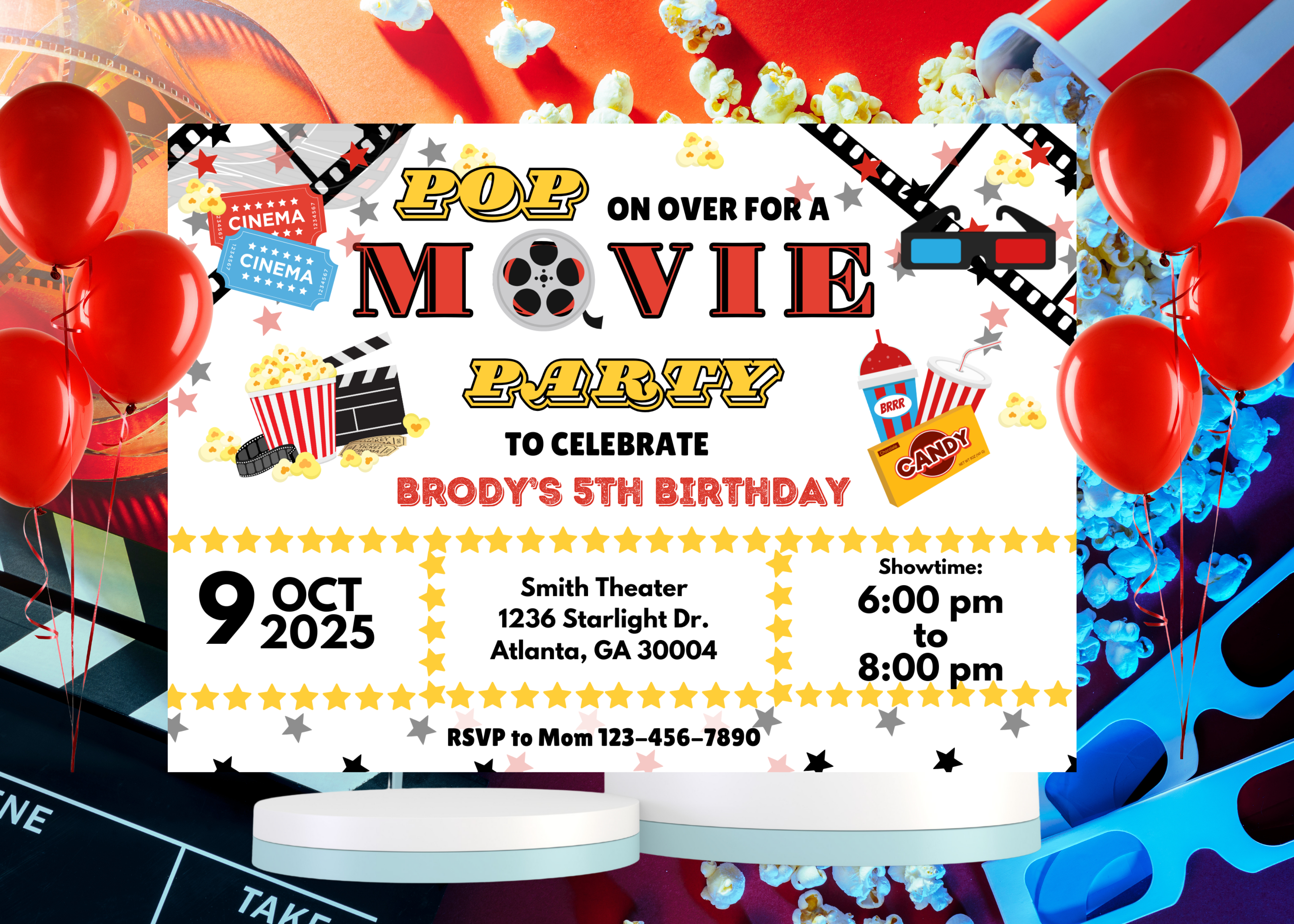 Red and Black Movie Party Birthday Invitation, Movie Night Birthday Invite, Kids Movie Party Invitation, Digital Movie Invitation, Red Carpet Birthday Template, Popcorn Movie Invite