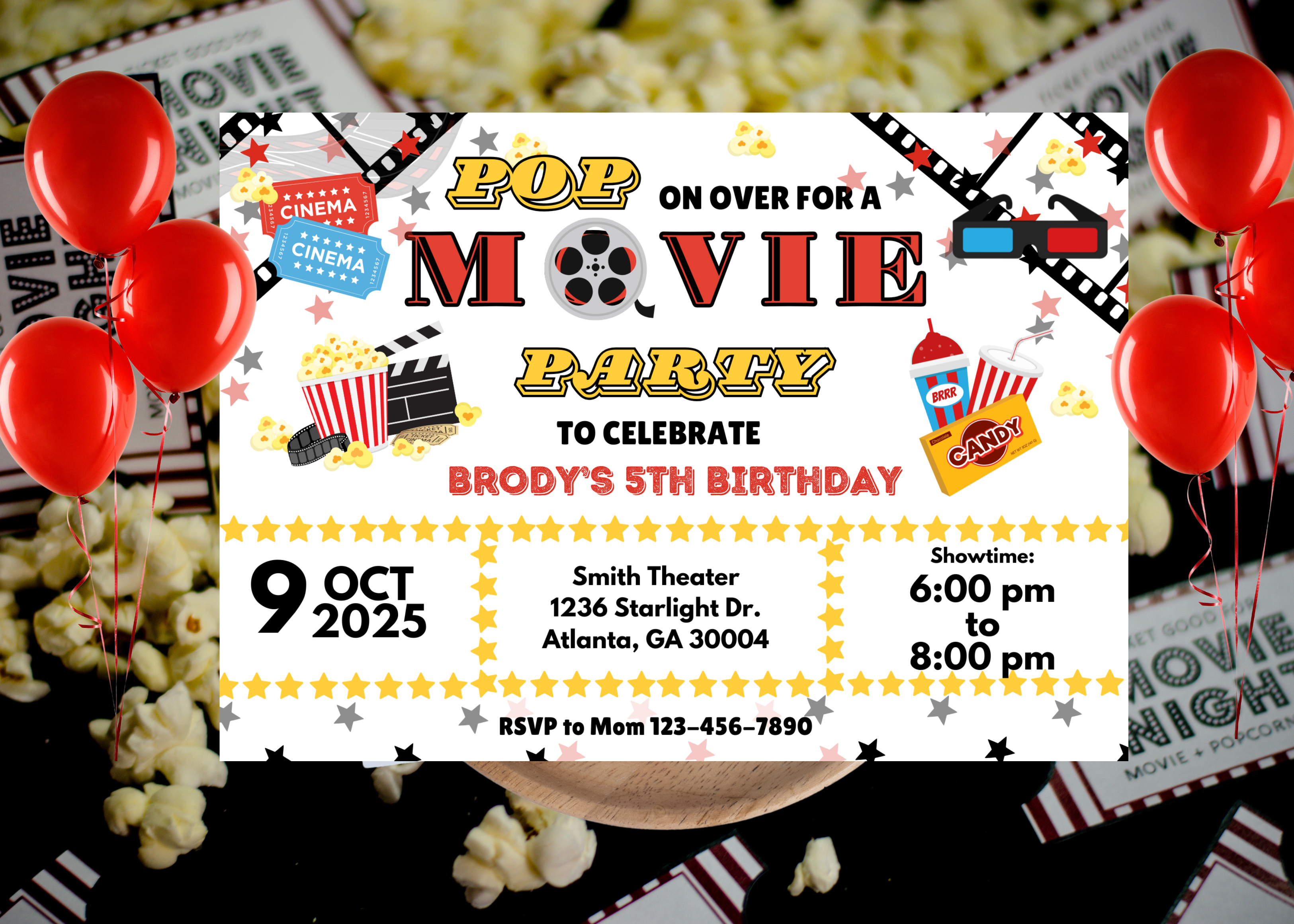 Red and Black Movie Party Birthday Invitation, Movie Night Birthday Invite, Kids Movie Party Invitation, Digital Movie Invitation, Red Carpet Birthday Template, Popcorn Movie Invite