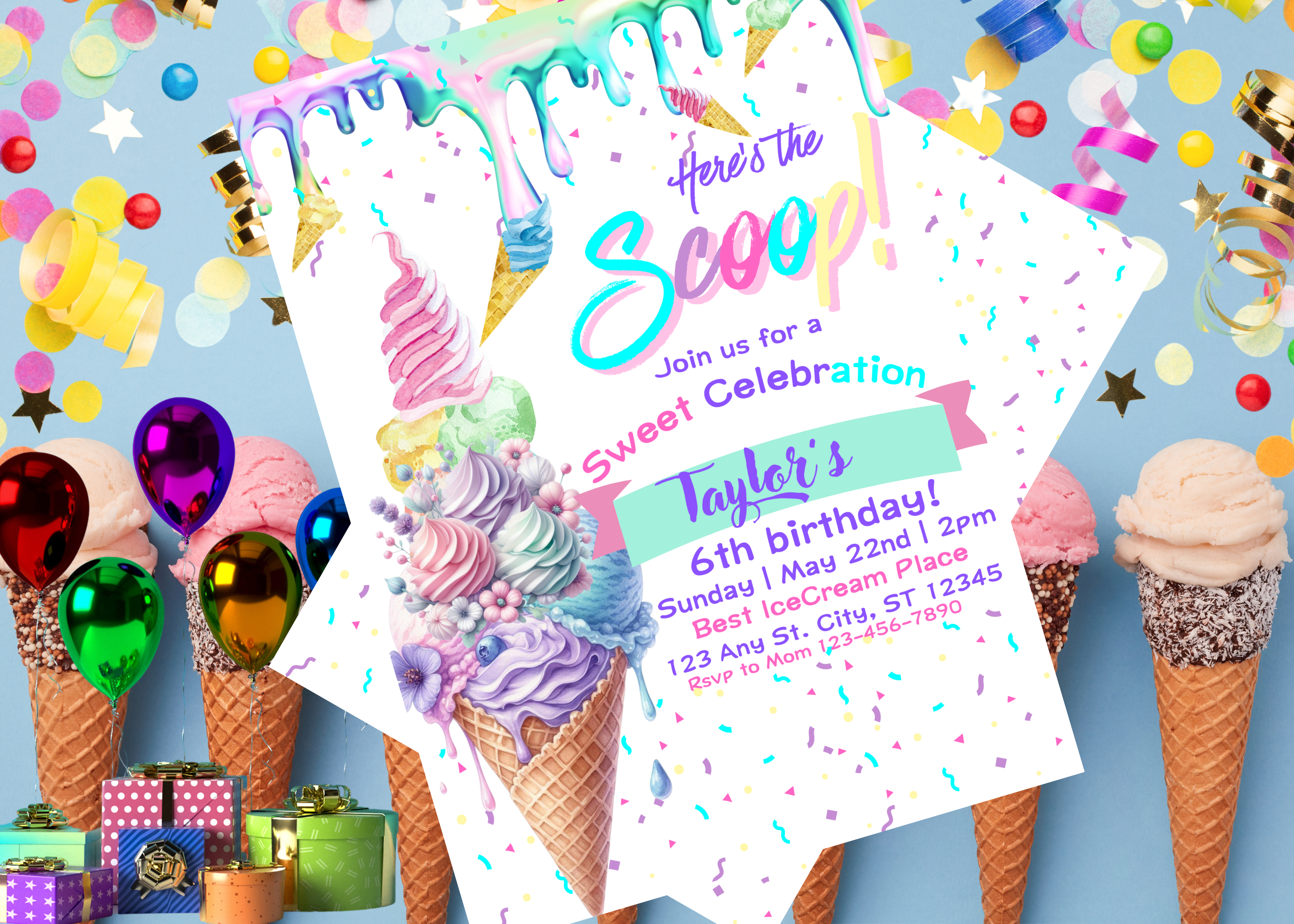 Pastel Ice Cream Birthday Invitation, Editable Ice Cream Party Invite, Ice Cream Birthday Girl, Fun Sprinkle Theme, Canva Template, Digital Download, Sweet Summer Party
