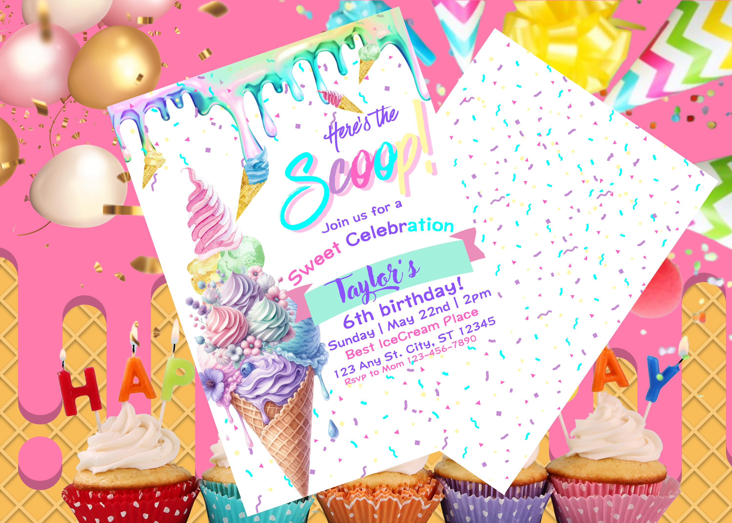 Pastel Ice Cream Birthday Invitation, Editable Ice Cream Party Invite, Ice Cream Birthday Girl, Fun Sprinkle Theme, Canva Template, Digital Download, Sweet Summer Party