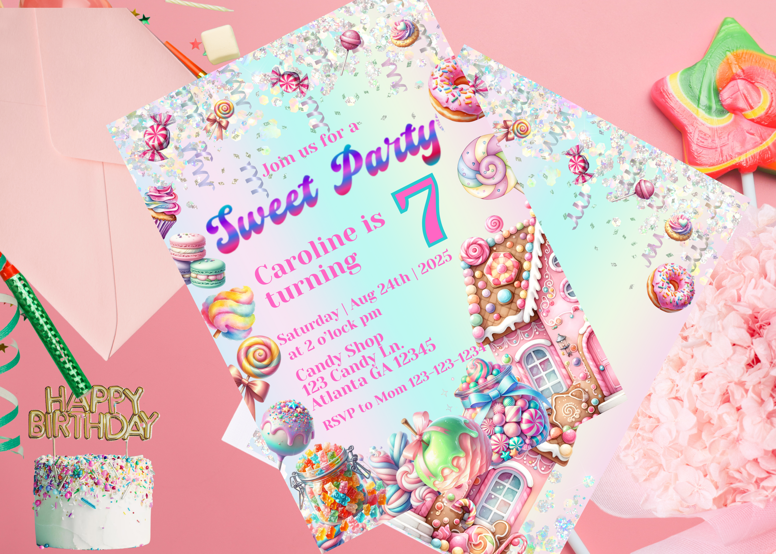 Candy Land Birthday Invitation, Sweet Party Editable Invite, Candy Theme Birthday Girl, Pink Candy House Decor, Canva Template