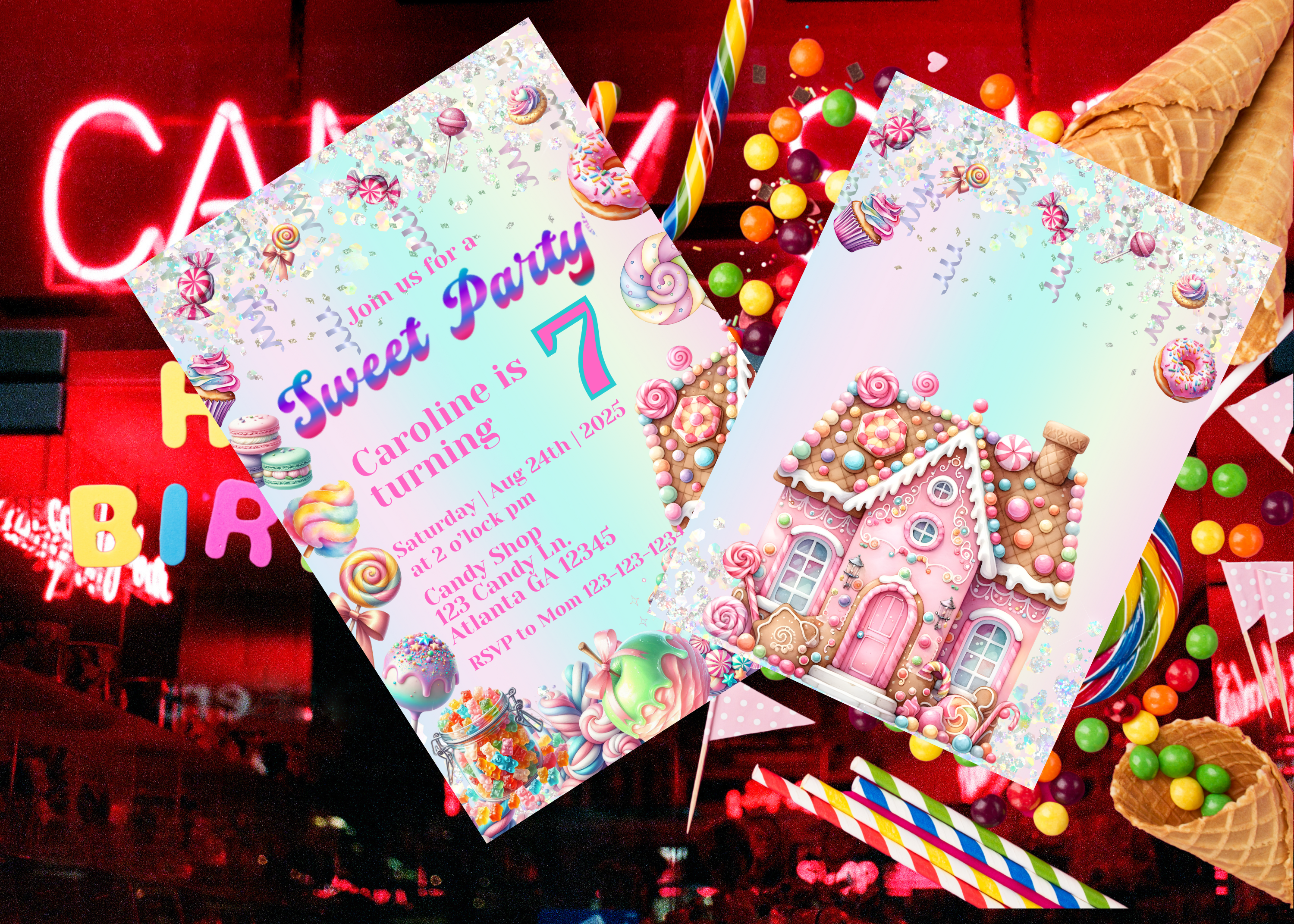 Candy Land Birthday Invitation, Sweet Party Editable Invite, Candy Theme Birthday Girl, Pink Candy House Decor, Canva Template